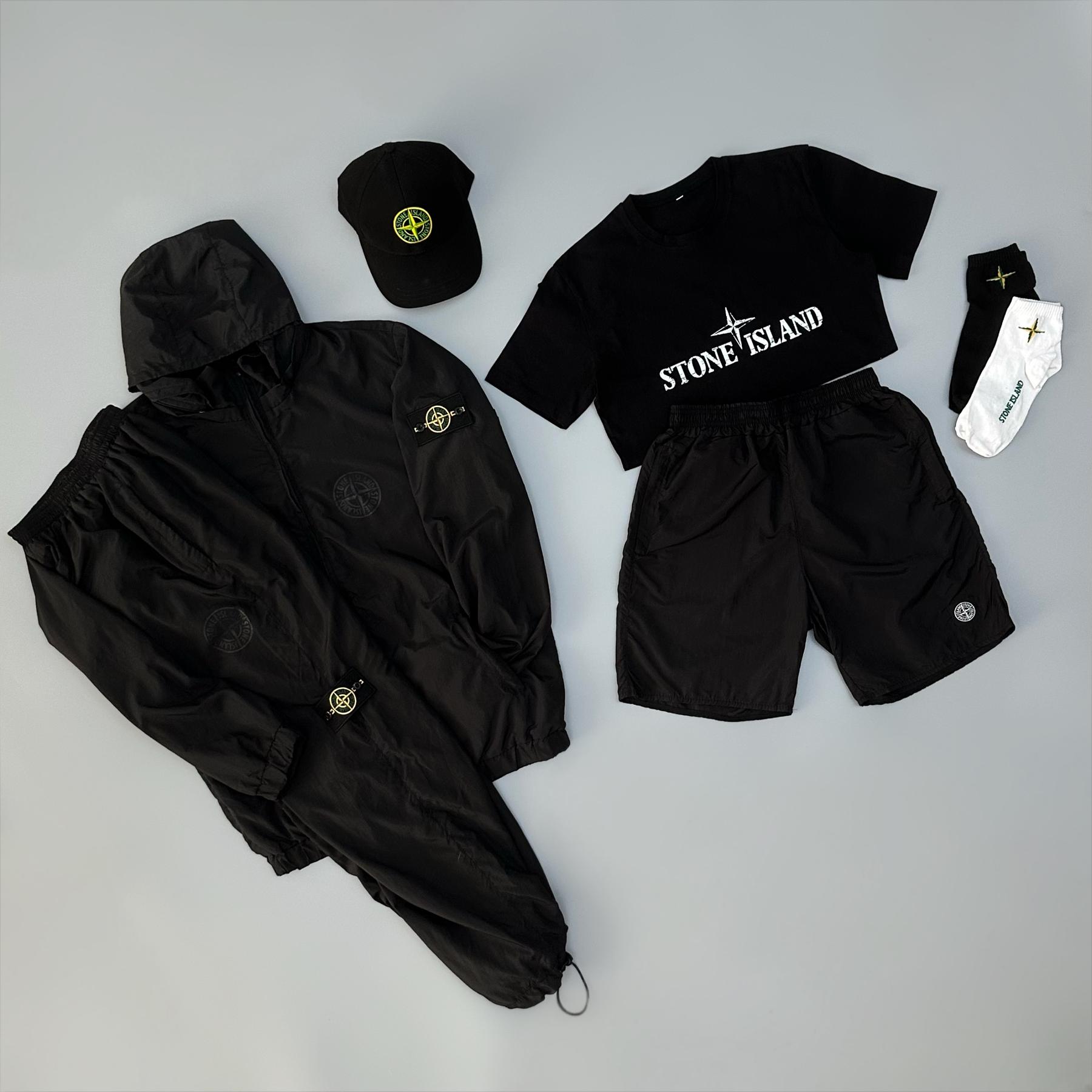 Костюм с плащевки Stone Island + футболка + кепка + носки + шорты с плащевки черный демисезонный с вышивкой