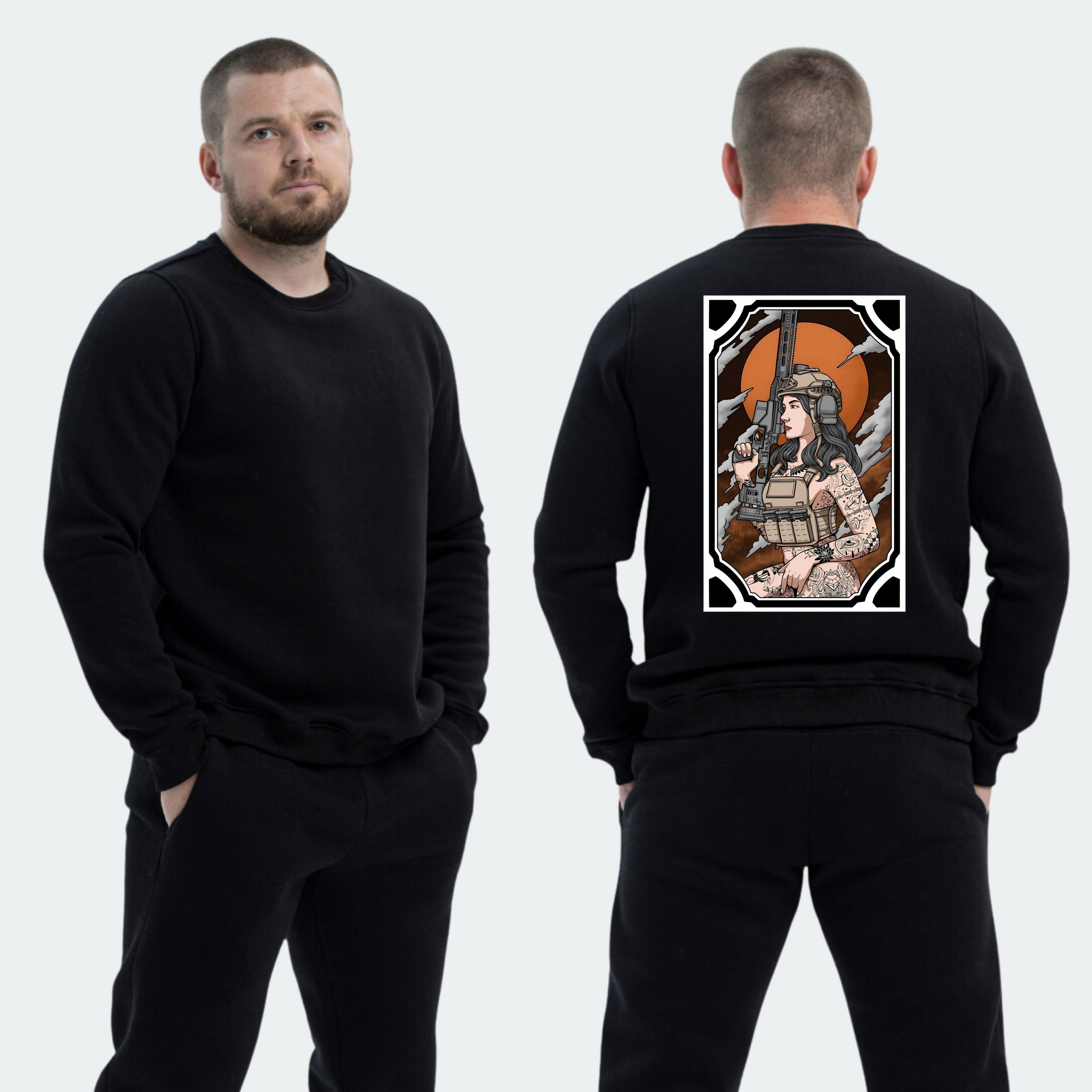 Чоловічий світшот на флісі з принтом Sunset Goons військова дівчина червона луна, Чорний
