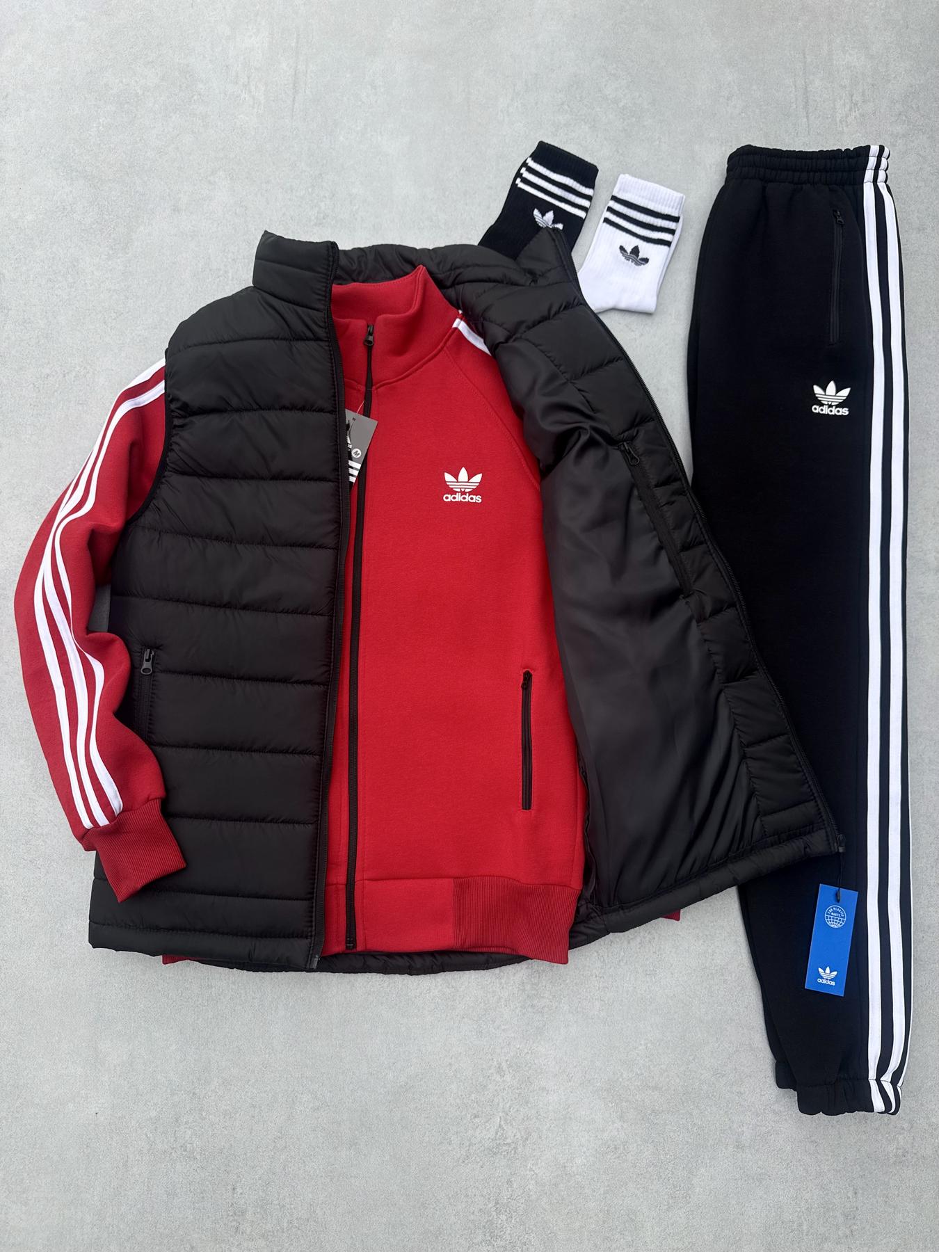 Зима жилет кофта штаны Adidas чероно-чорний мужской хлопковый удобный спортивный на молнии на флисе безрукавка