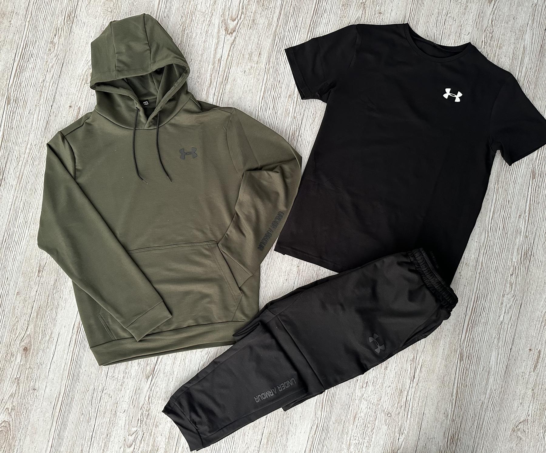 Демісезонний спортивний костюм Under Armour худі хакі + штани (двонитка) + Футболка чорна Under Armour + Жилетка + Шкарпетки 2