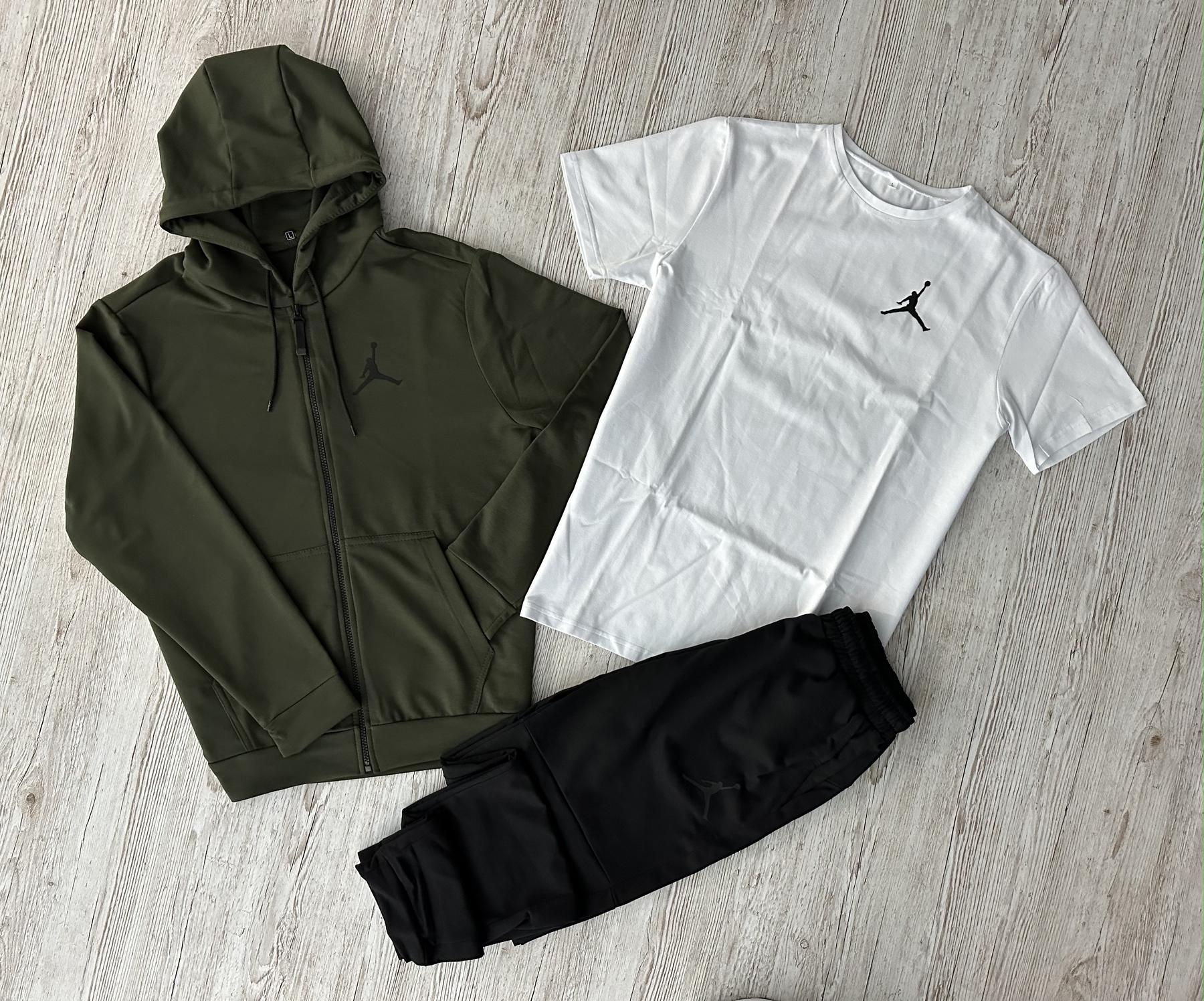 Демисезонный спортивный костюм Jordan кофта на молнии хаки + штаны (двонитка) + Футболка белая Jordan +