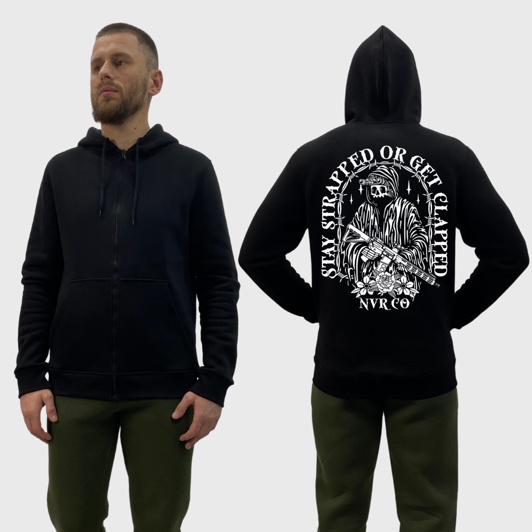 Чоловічий зіп-худі на флісі з принтом Sunset Goons stay strapped or get clapped скелет стрілок, Чорний