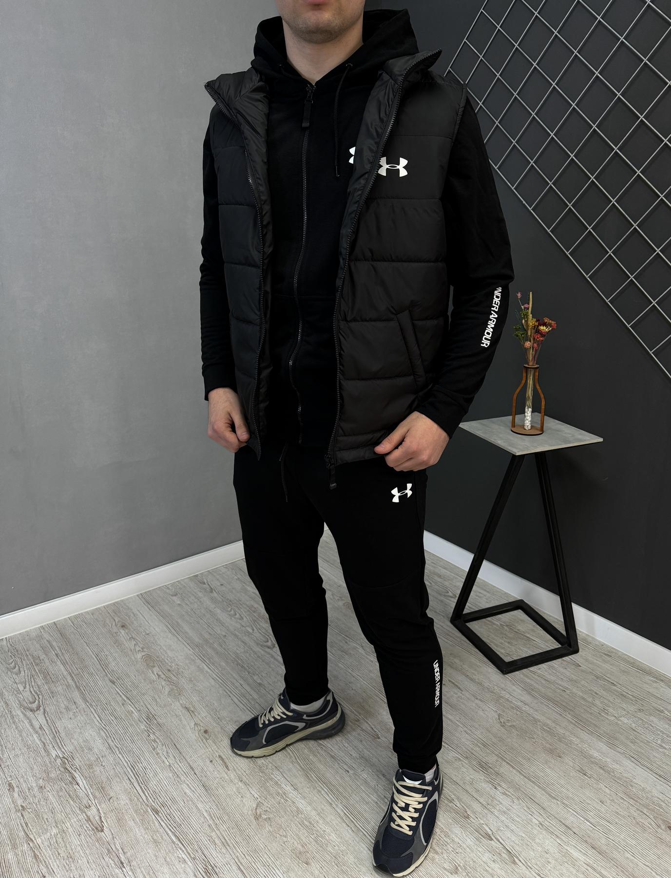 Демисезонный костюм на молнии + жилетка Under Armour мужской черный плащевка утепленный с капюшоном комплект