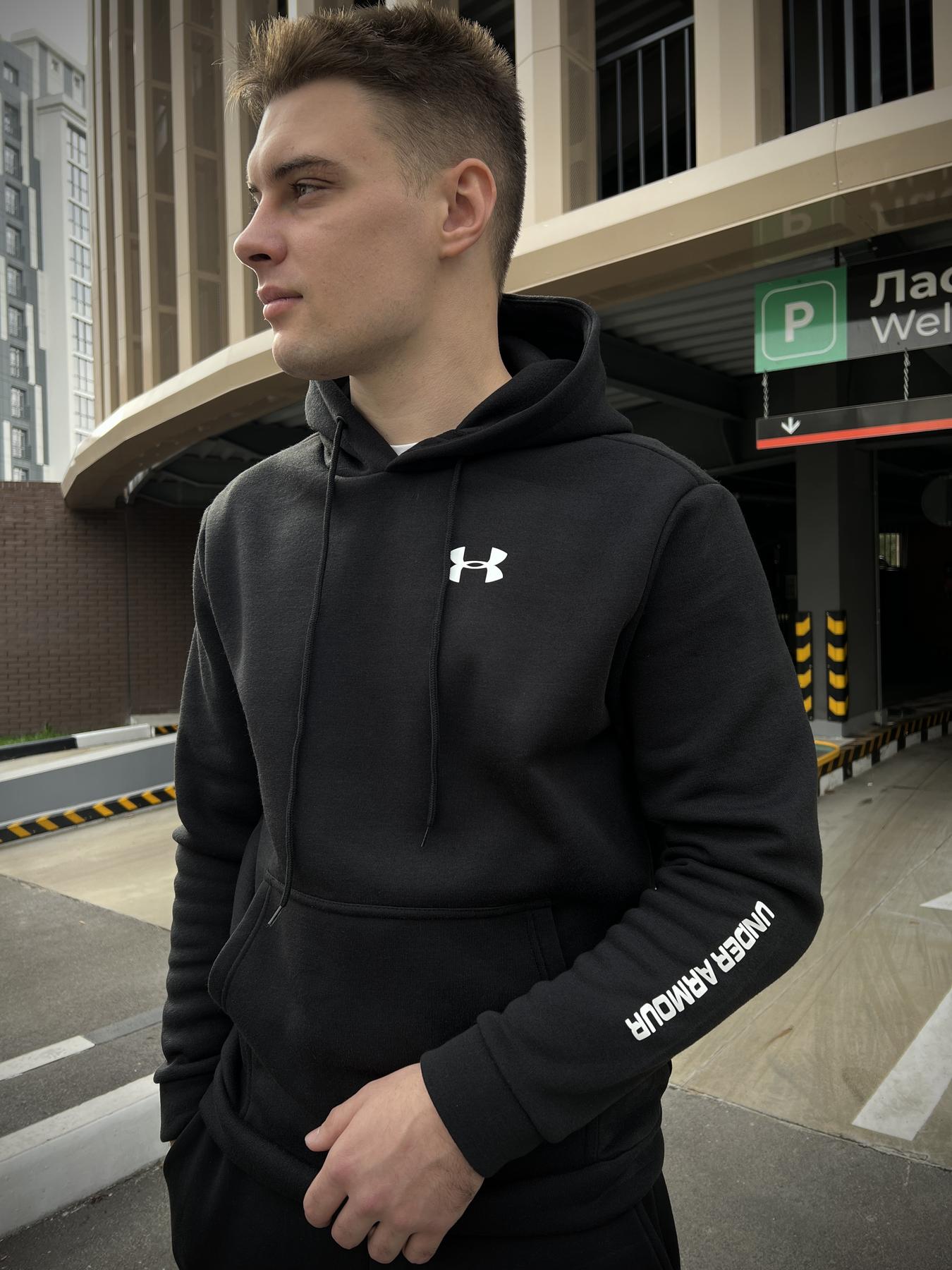 Зимовий спортивний костюм Under Armour з начосом чорний худі + чорні штани чоловічий тринитка з капюшоном