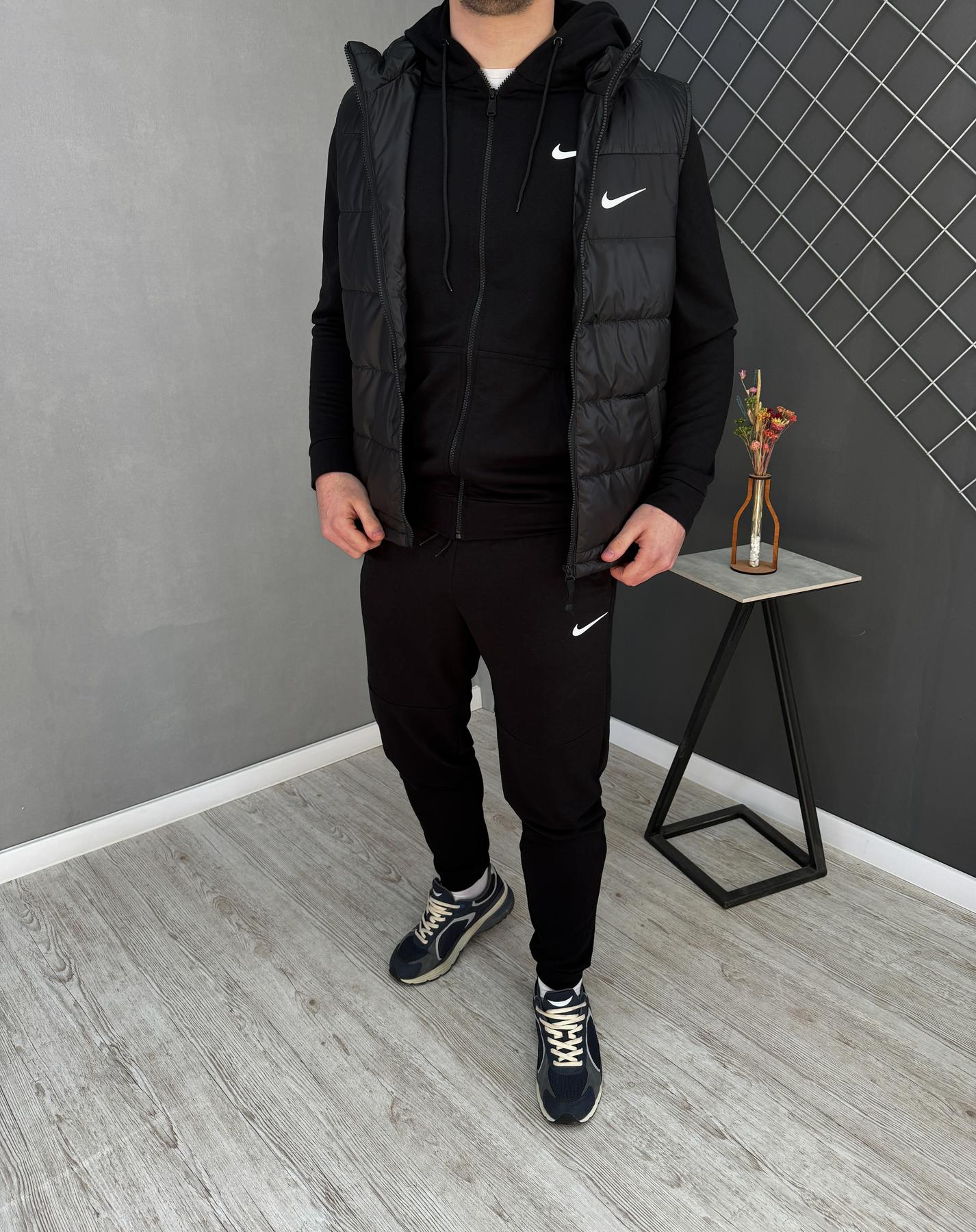 Демисезонный костюм на молнии + жилетка Nike мужской черный плащевка хлопковый с капюшоном для офиса комплект
