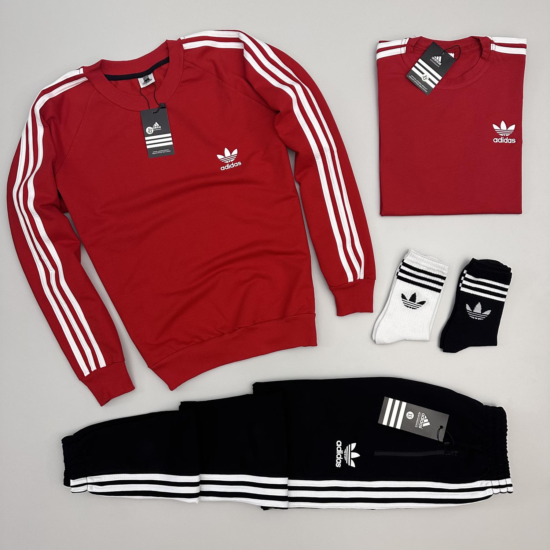 Набор Adidas свитшот красный штаны футболка красная хлопковый всесезонный стильный и модный для дома комплект