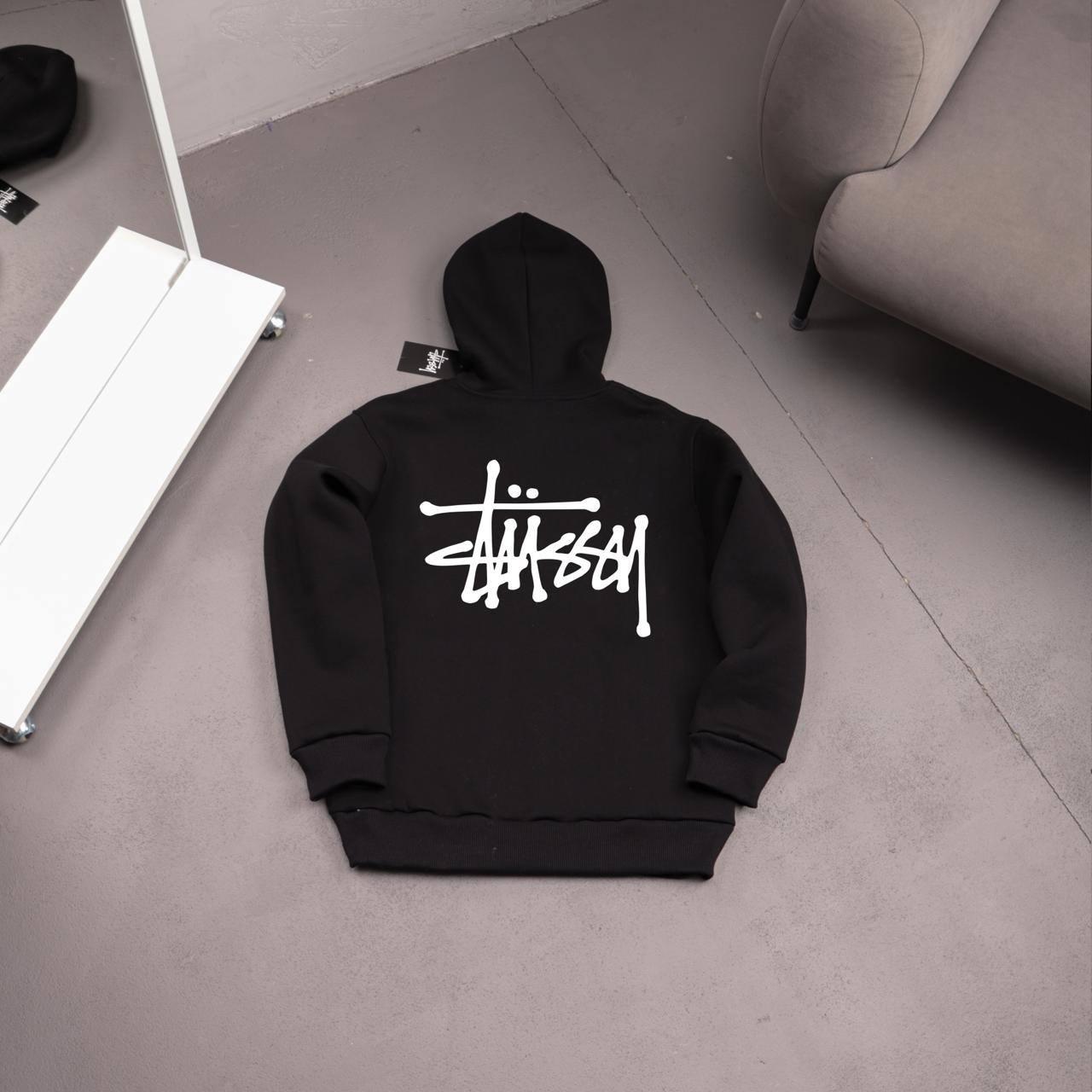 Худи STUSSY-BASIC флис мужское черное всесезонное стильное и повседневное с капюшоном для города