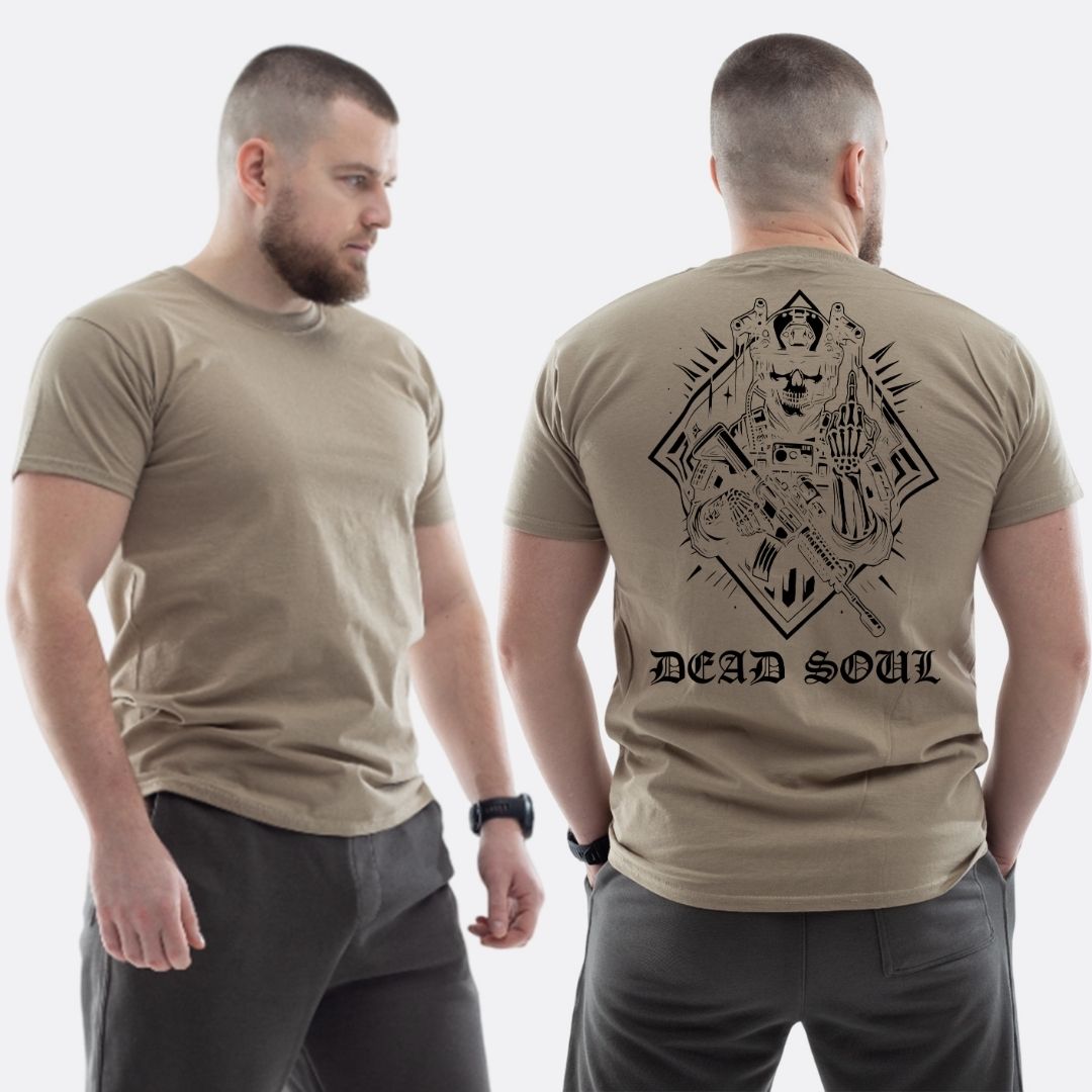 Чоловіча класична футболка з принтом Dead soul мертва душа скелет показує фак , Бежевий