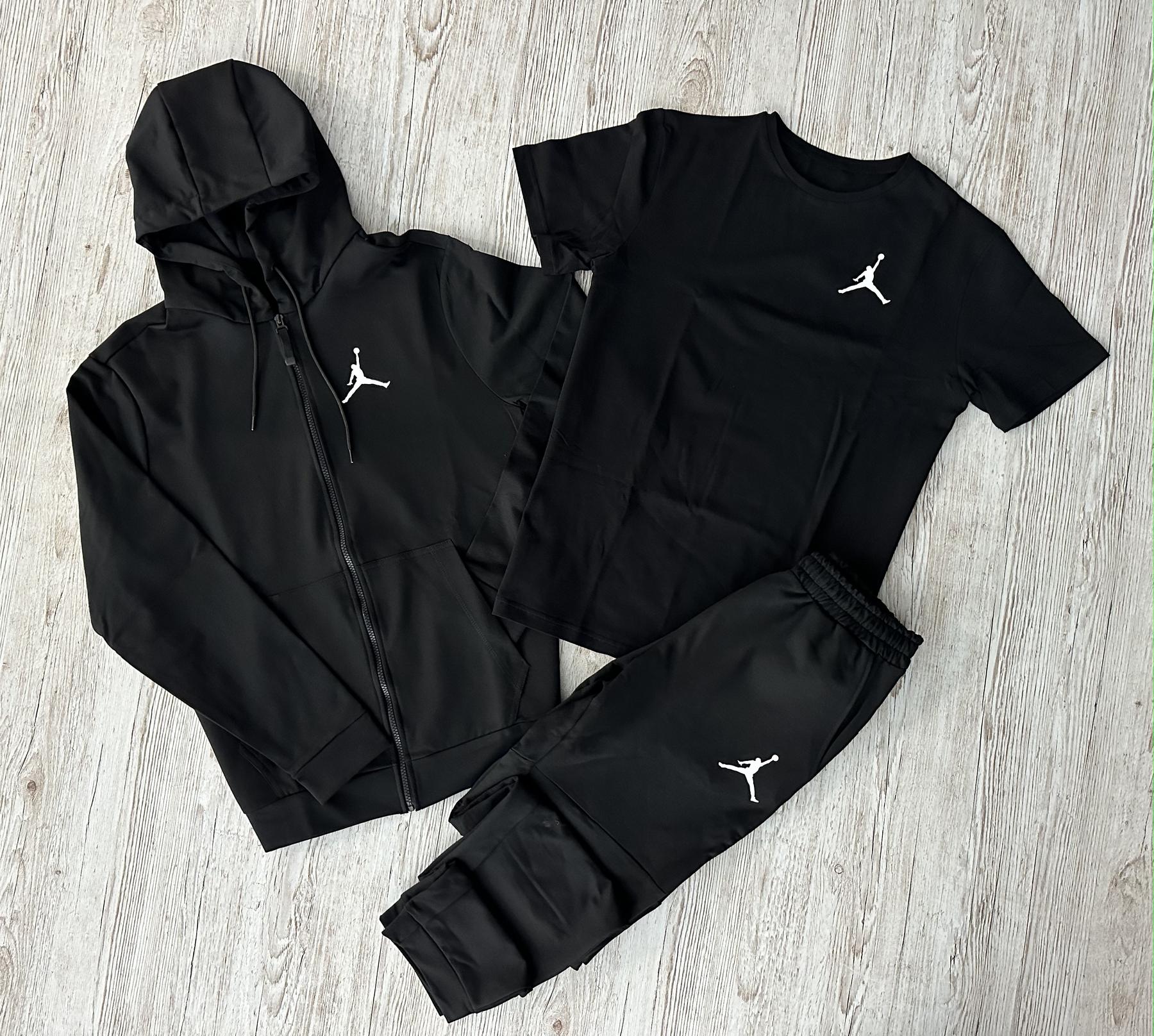 Демисезонный спортивный костюм Jordan черная кофта на молнии + штаны (двонитка) + Футболка черная Jordan +