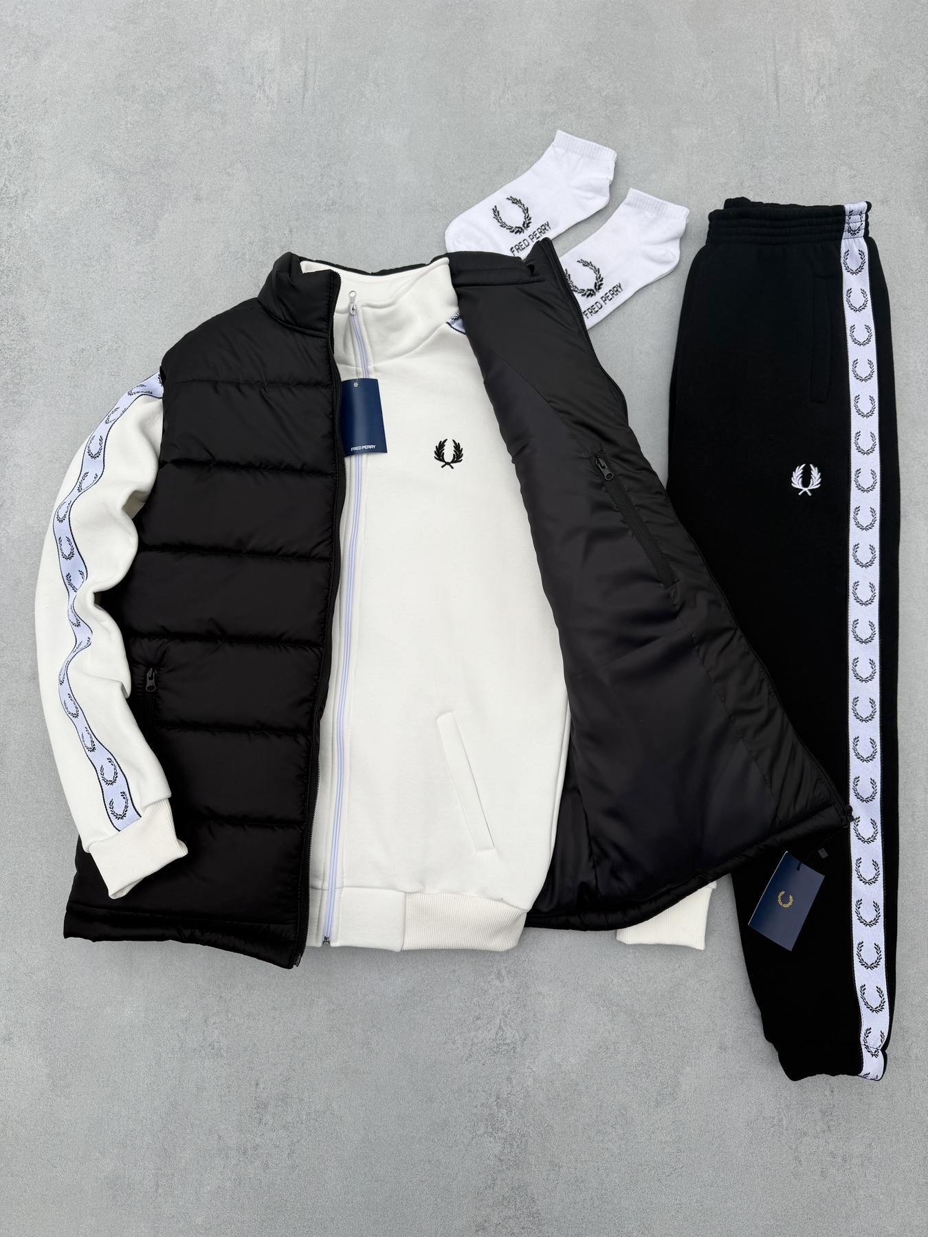 Набор Зима Fred Perry черный жилет молочна кофта черные штаны лампас унисекс хлопковый теплый комплект