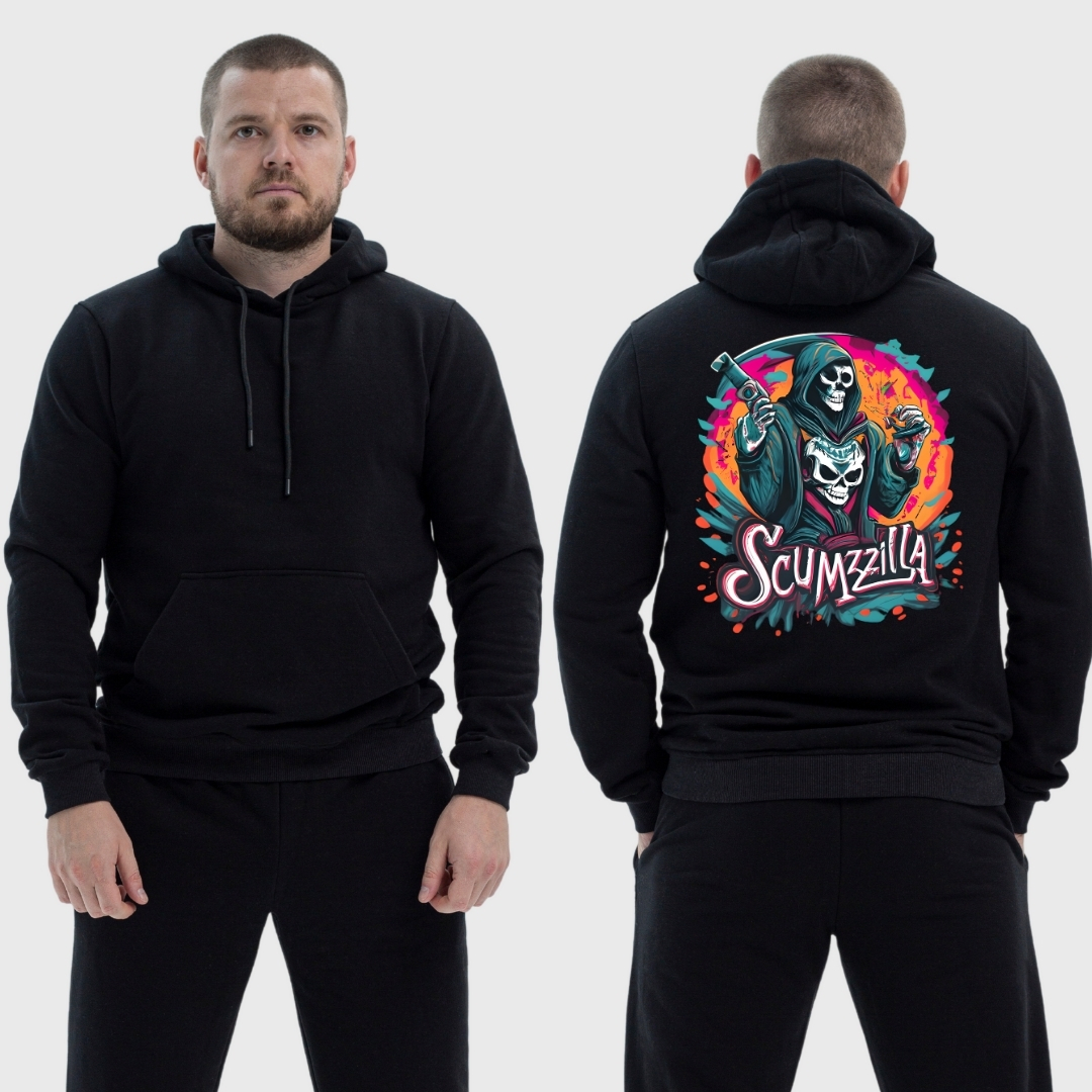 Чоловічий легкий худі з принтом Scumzilla скелет у балахоні кольоровий арт, Чорний
