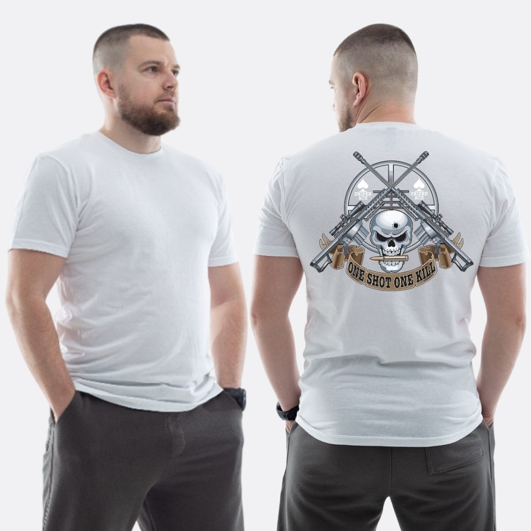Чоловіча класична футболка з принтом Sunset Goons one shot one kill череп снайперські гвинтівки , Білий