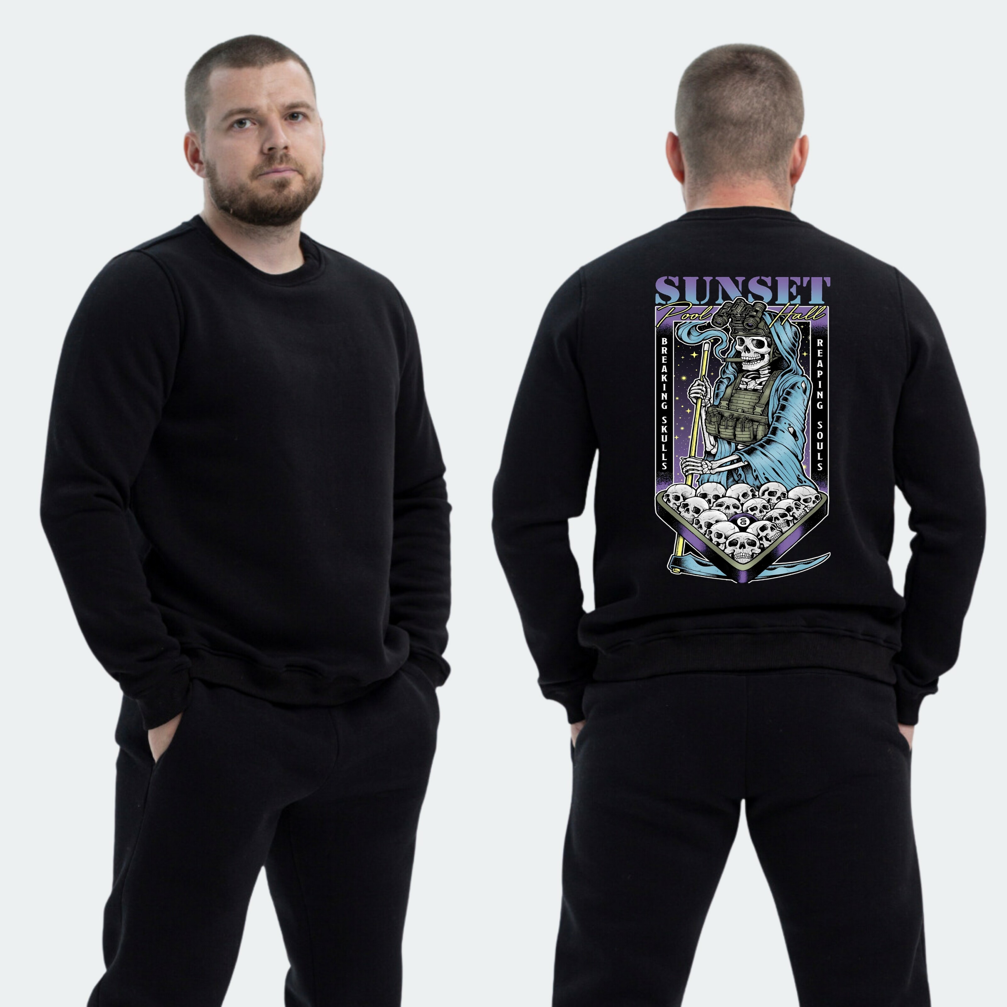 Чоловічий світшот на флісі з принтом Sunset Goons смерть грає на більярді, Чорний