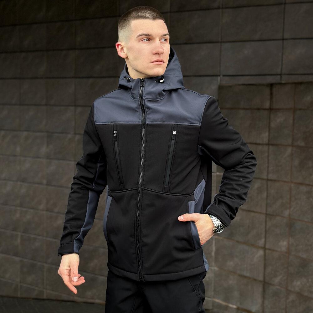 Куртка Pobedov Setup Чорно-сірий чоловіча плащівка демісезонна на блискавці укорочена з капюшоном вітровка верхній одяг
