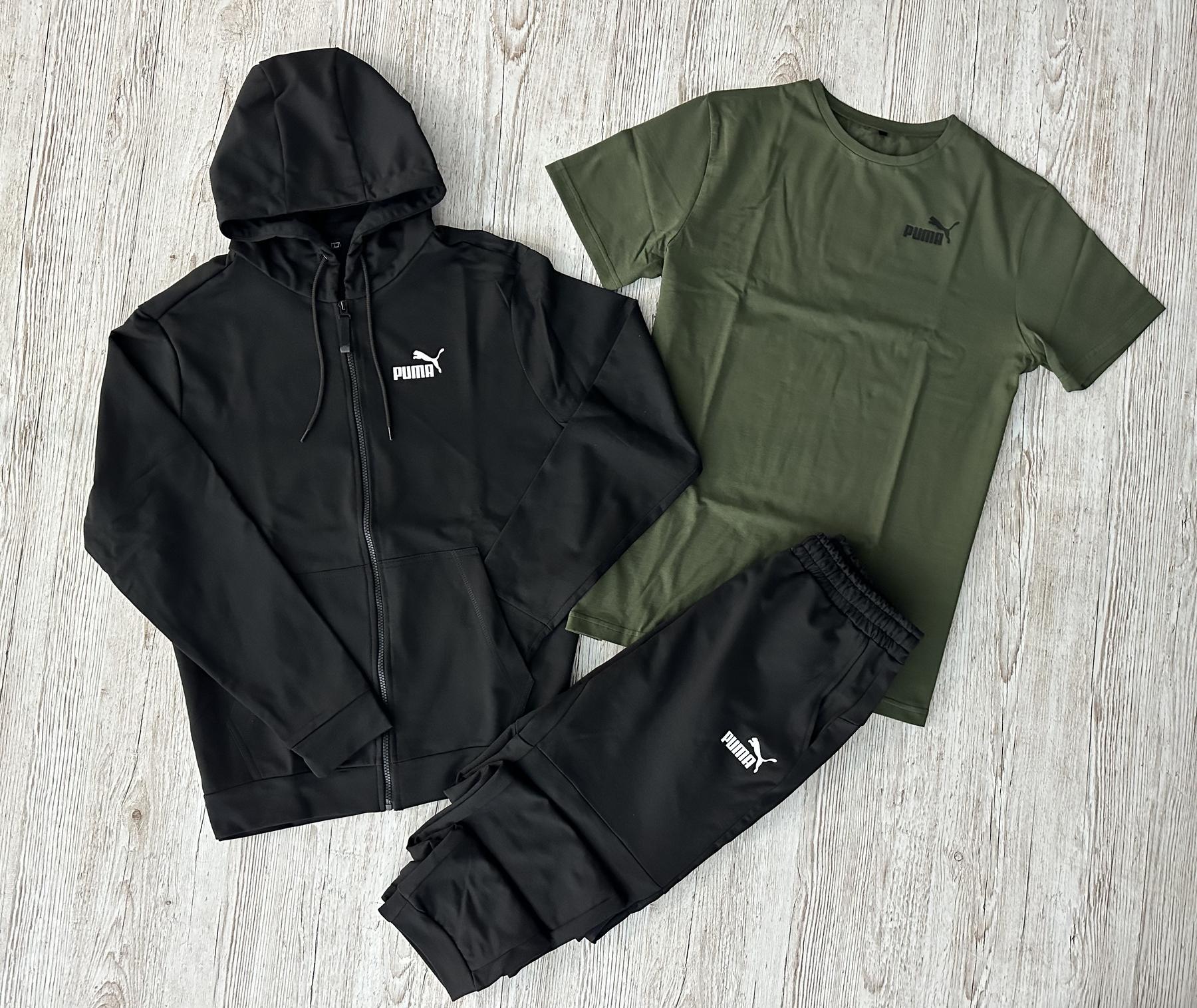 Демисезонный спортивный костюм Puma черная кофта на молнии + штаны (двонитка) + Футболка хаки Puma + Жилетка