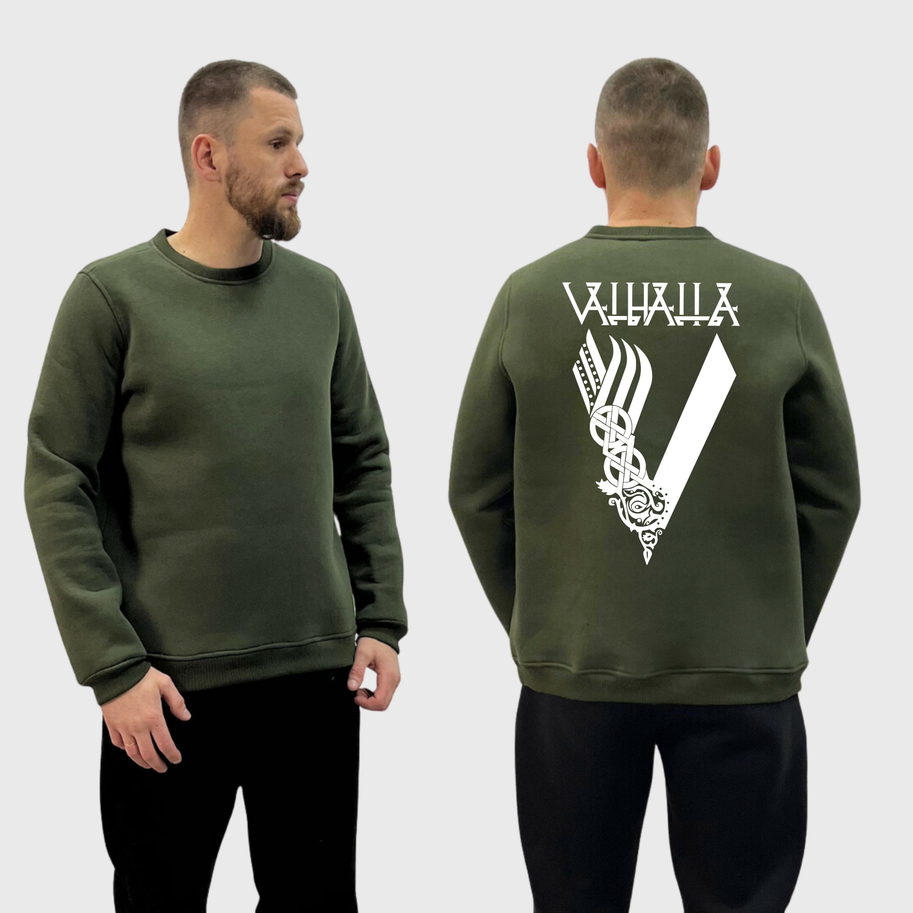 Чоловічий світшот на флісі з принтом V Valhalla Вальгалла, Хакі
