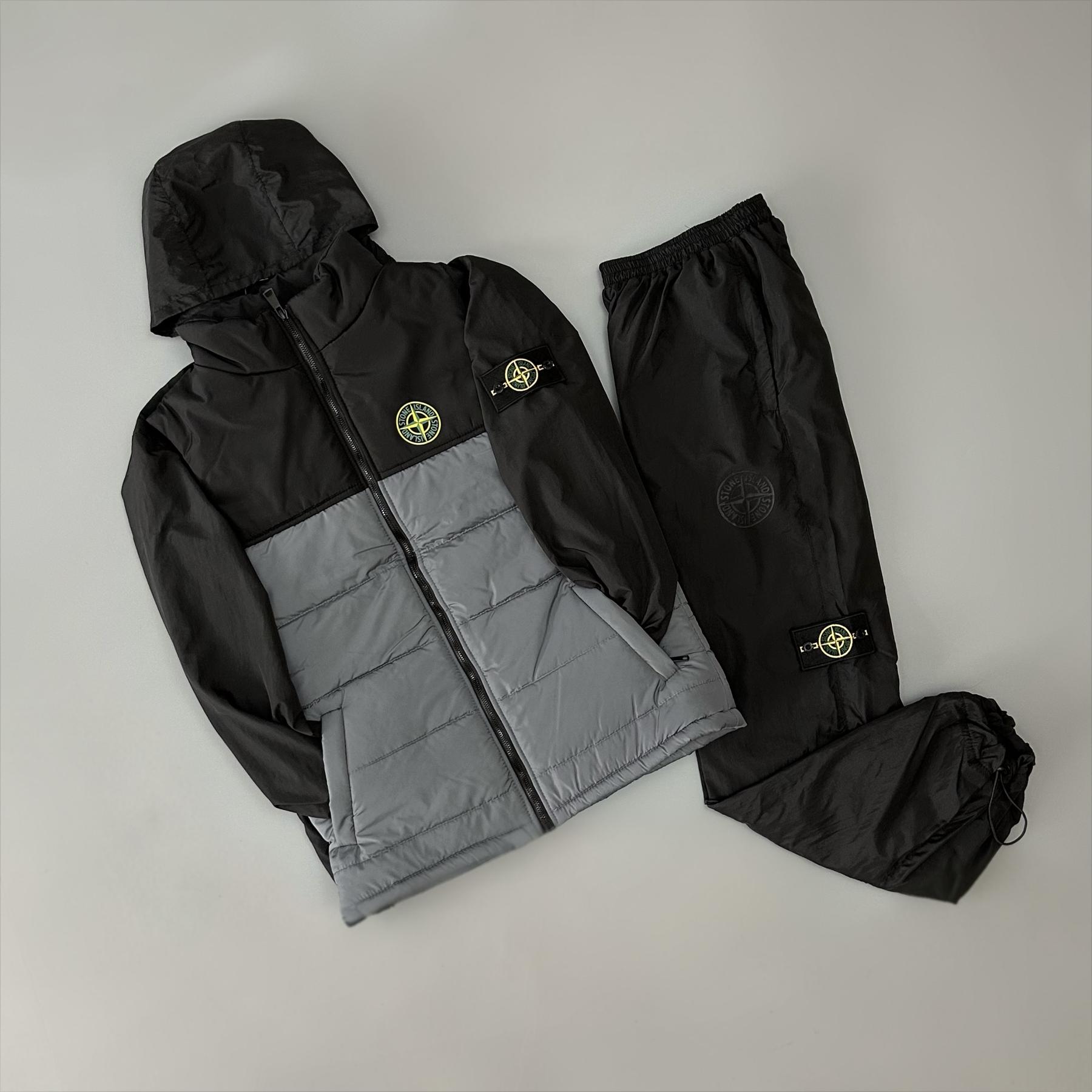 Костюм с плащевки+жилетка Stone Island серый демисезонный универсальный и молодежный с капюшоном комплект