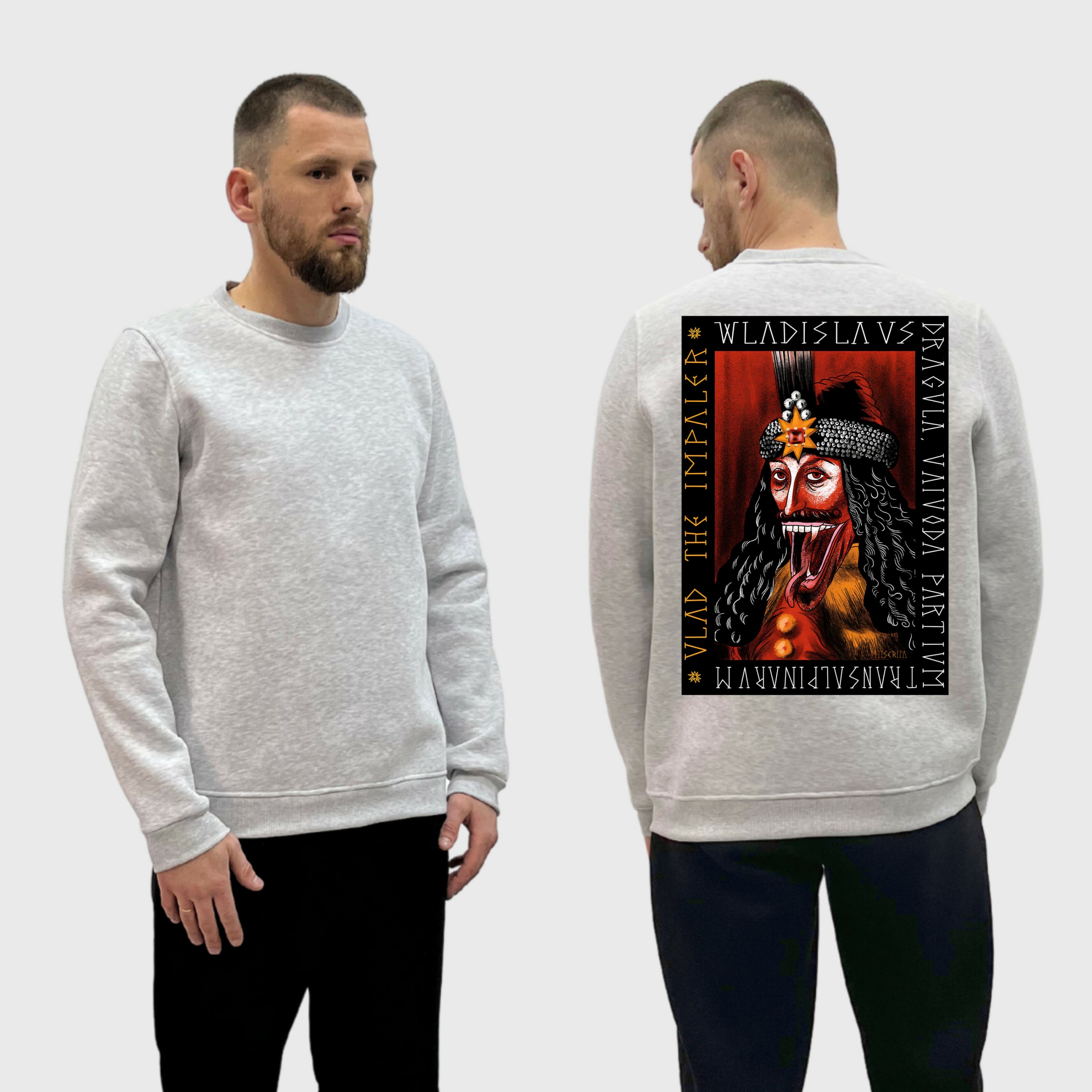 Чоловічий світшот на флісі з принтом Граф Дракула Vladislav Dracula арт, Сірий