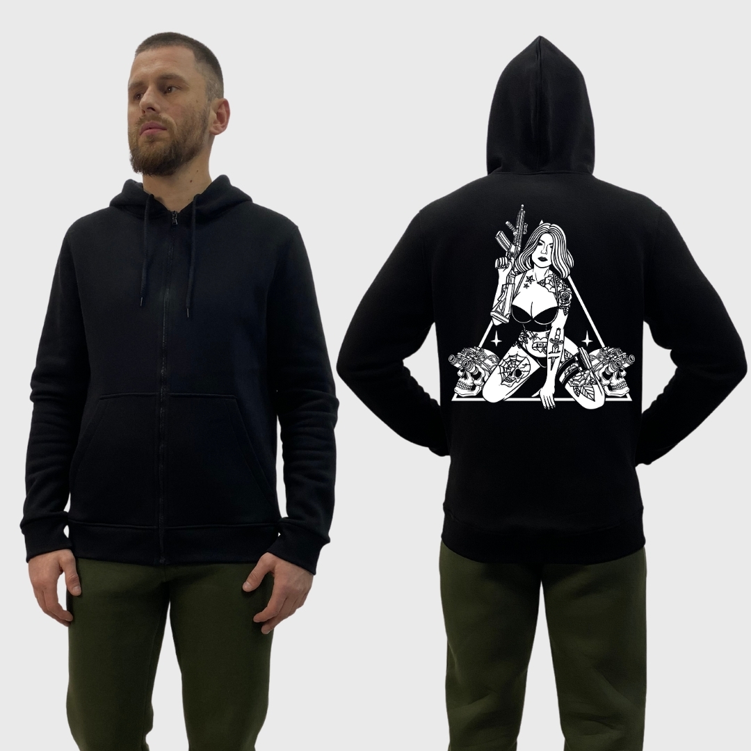 Чоловічий зіп-худі на флісі з принтом Sunset Goons дівчина з автоматом та двома черепами, Чорний