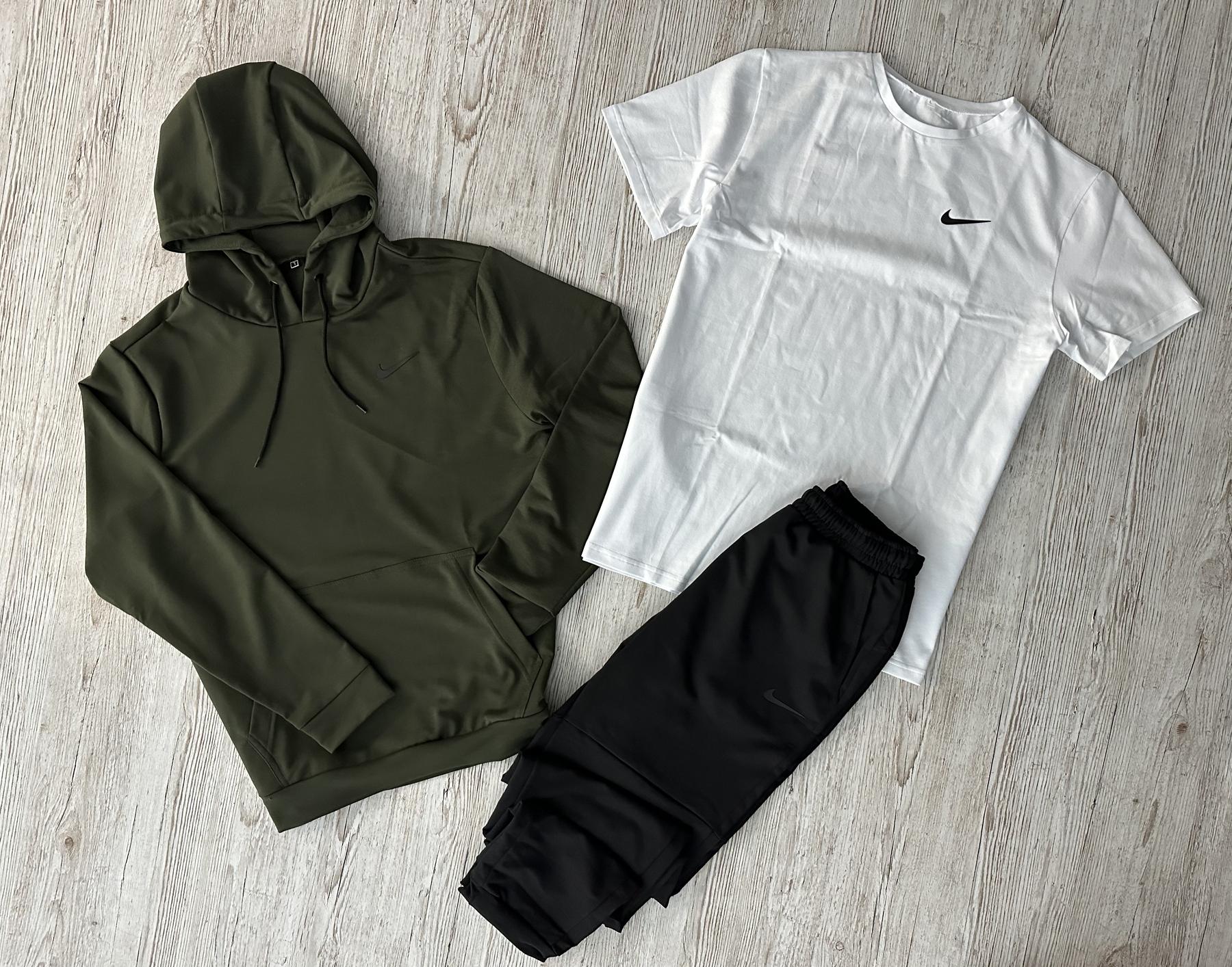 Демисезонный спортивный костюм Nike худи хаки + штаны (двонитка) + Футболка белая Nike + Жилетка + Носки 2