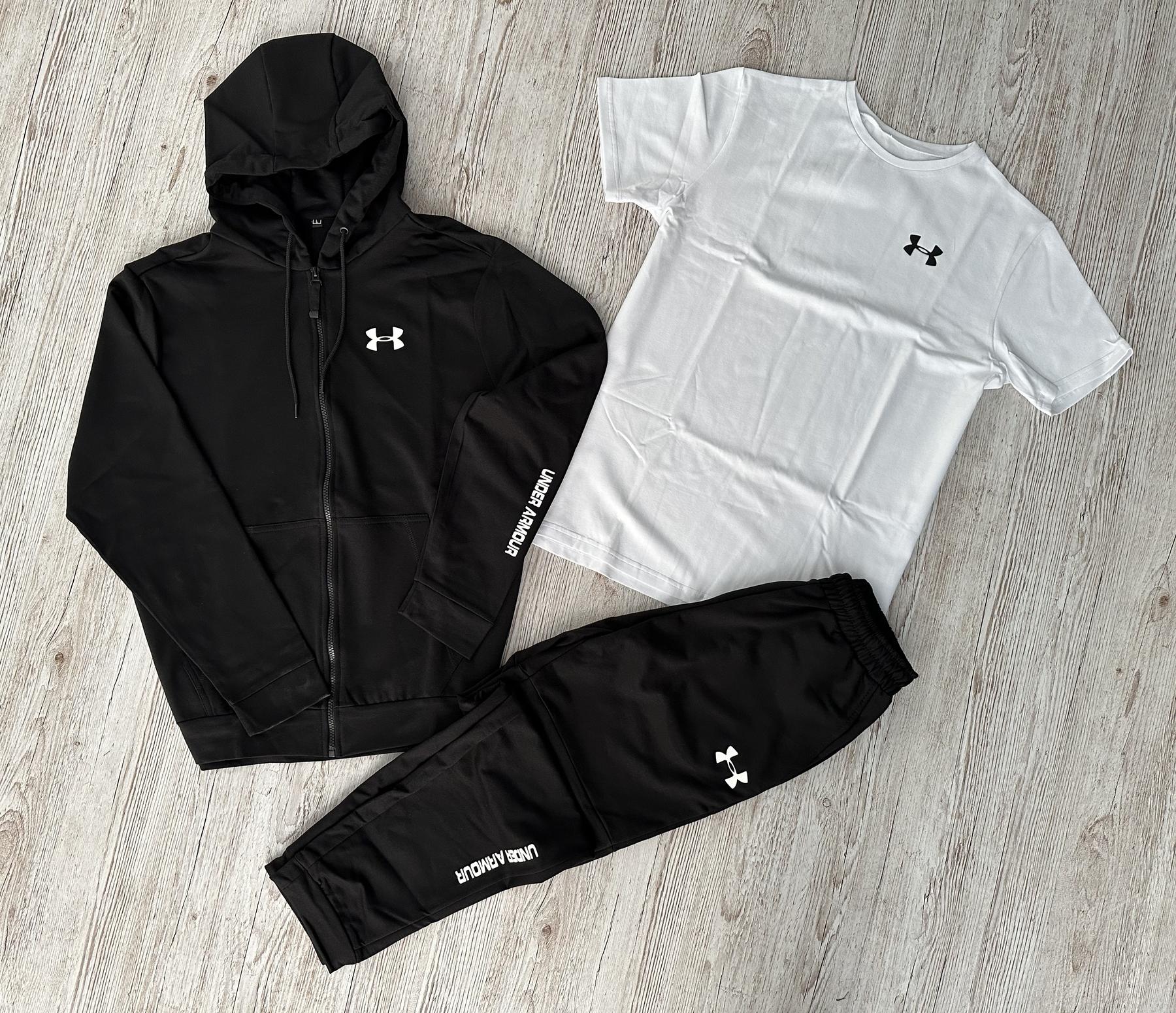 Демисезонный спортивный костюм Under Armour черная кофта на молнии + штаны (двонитка) + Футболка белая Under