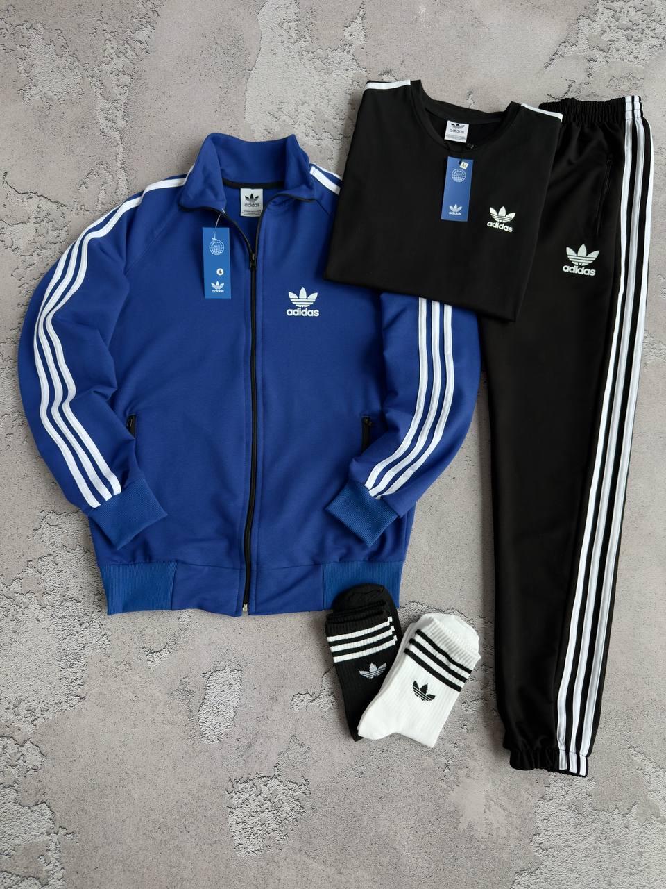 Набор Adidas кофта синяя штаны черные футболка черная хлопковый всесезонный оригинальный и яркий комплект