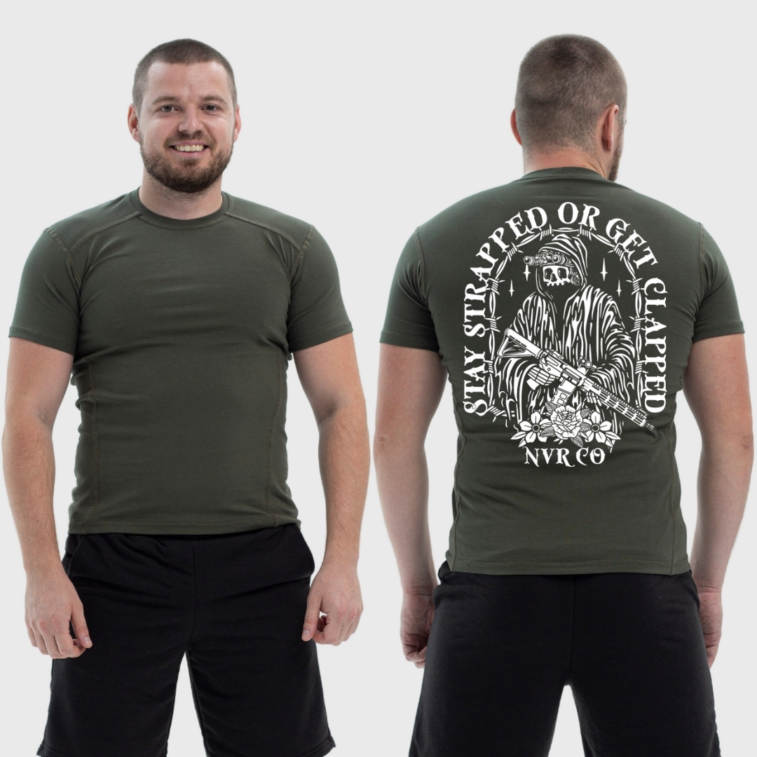 Чоловіча тактична футболка з принтом Sunset Goons stay strapped or get clapped скелет стрілок, Хакі