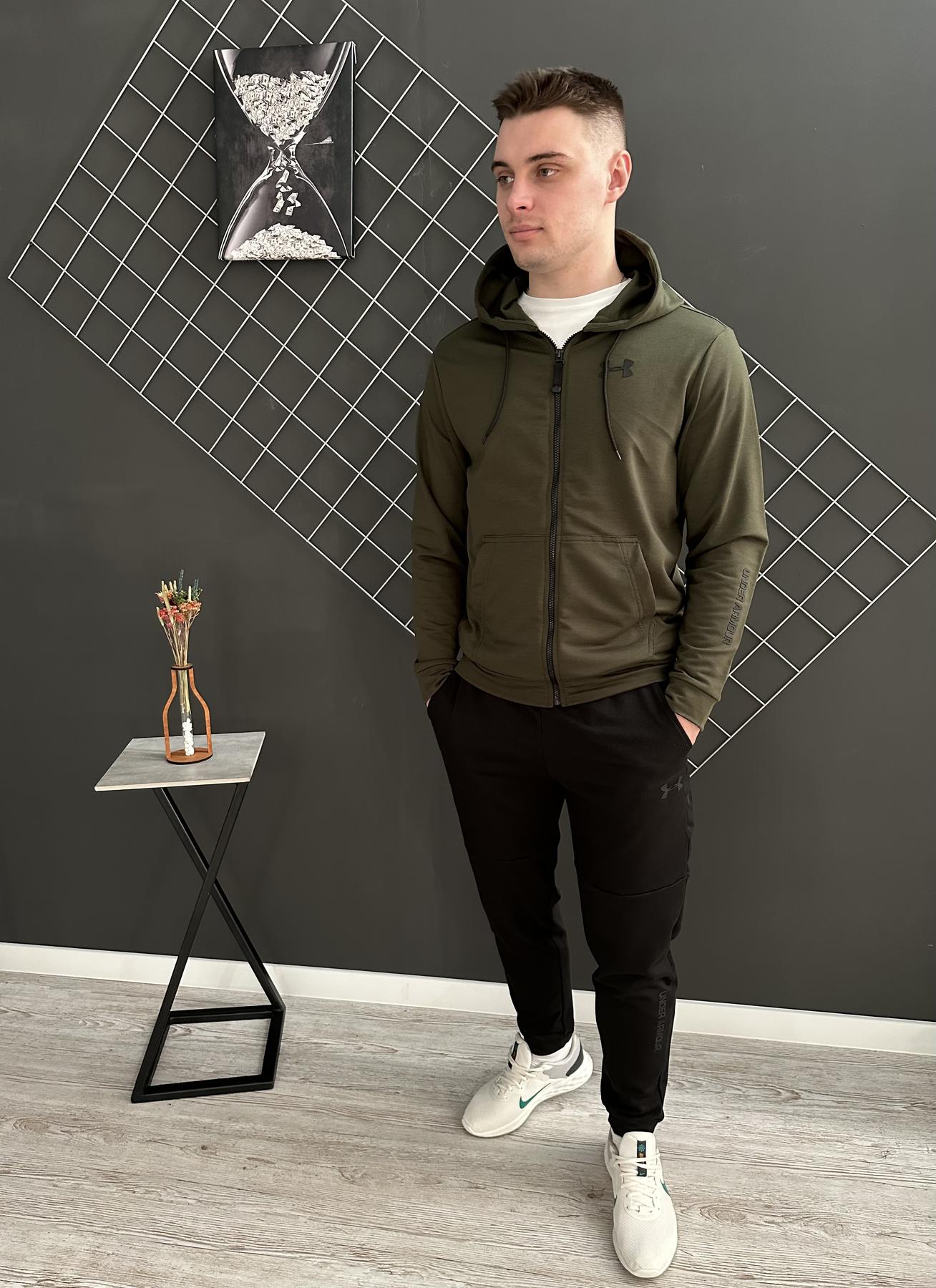 Демисезонный спортивный костюм Under Armour кофта на молнии хаки + штаны (двонитка) + Футболка черная Under