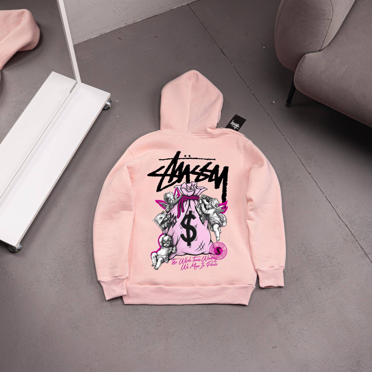 Худи STUSSY-MONEY флис мужское розовое всесезонное утепленное с капюшоном на прогулку