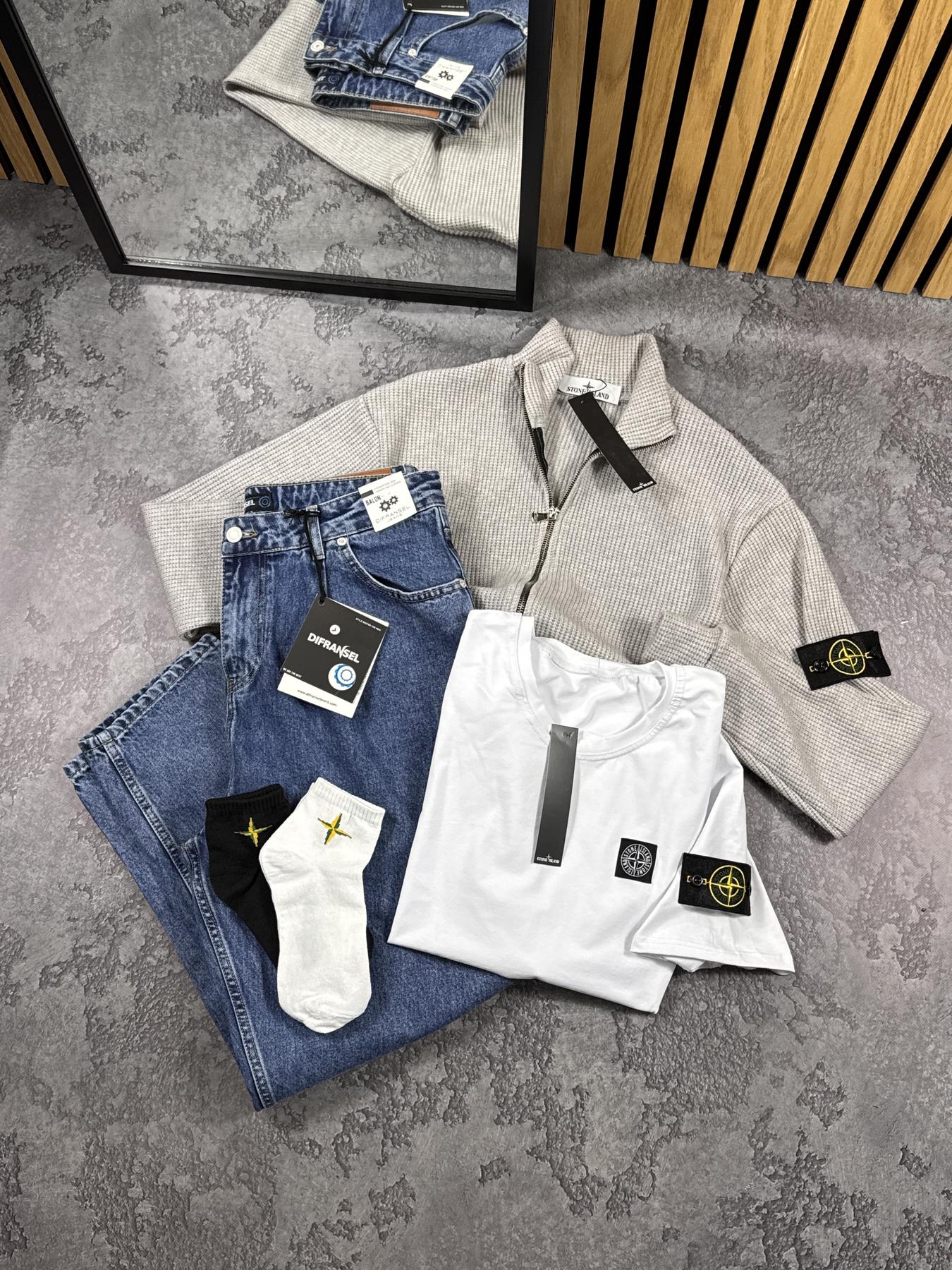 Комплект Кофта в'язана Stone Island + Джинси Jogger + Футболка бежевий демісезонний зручний та модний костюм