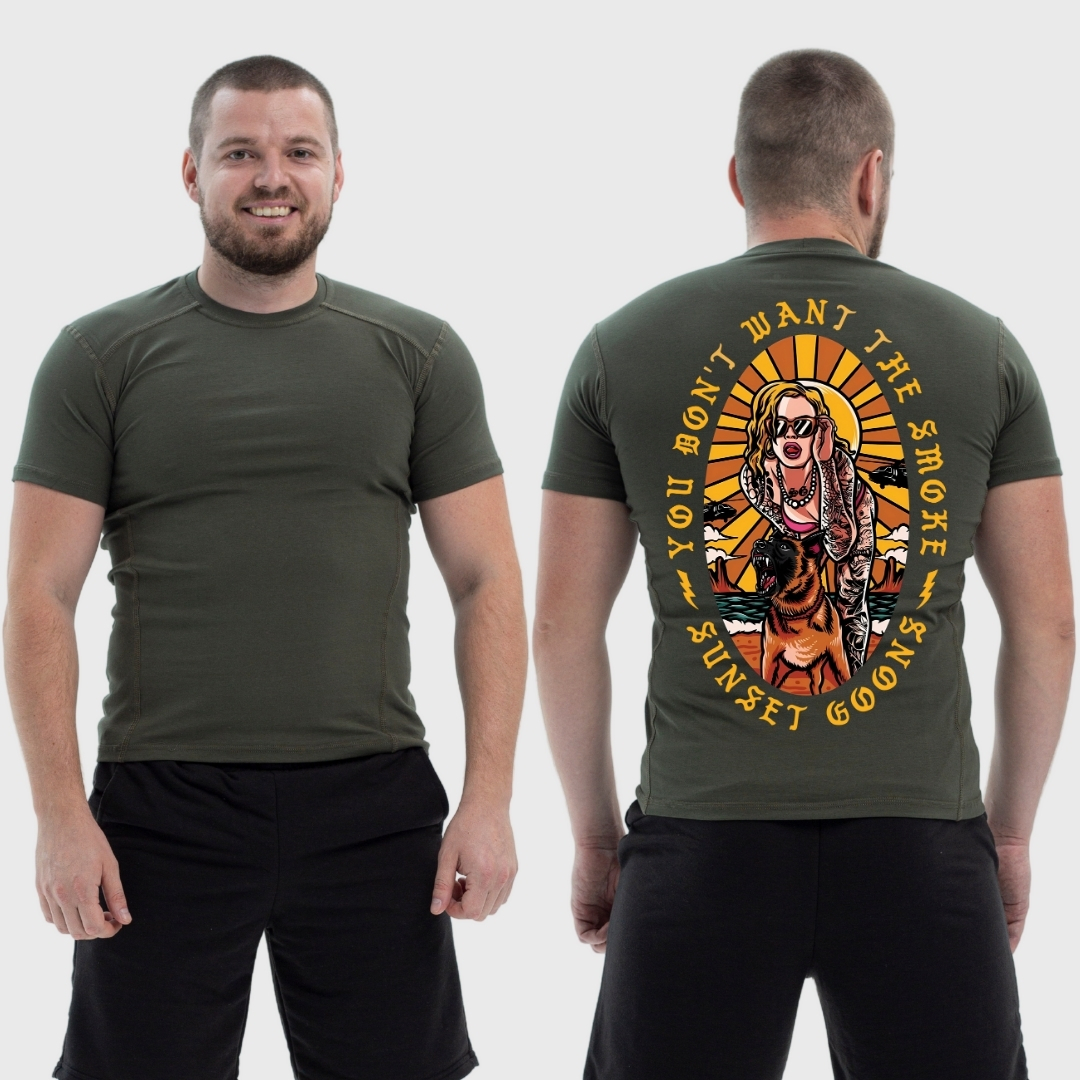 Чоловіча тактична футболка з принтом Sunset Goons дівчина та собака не хочеш палити, Хакі