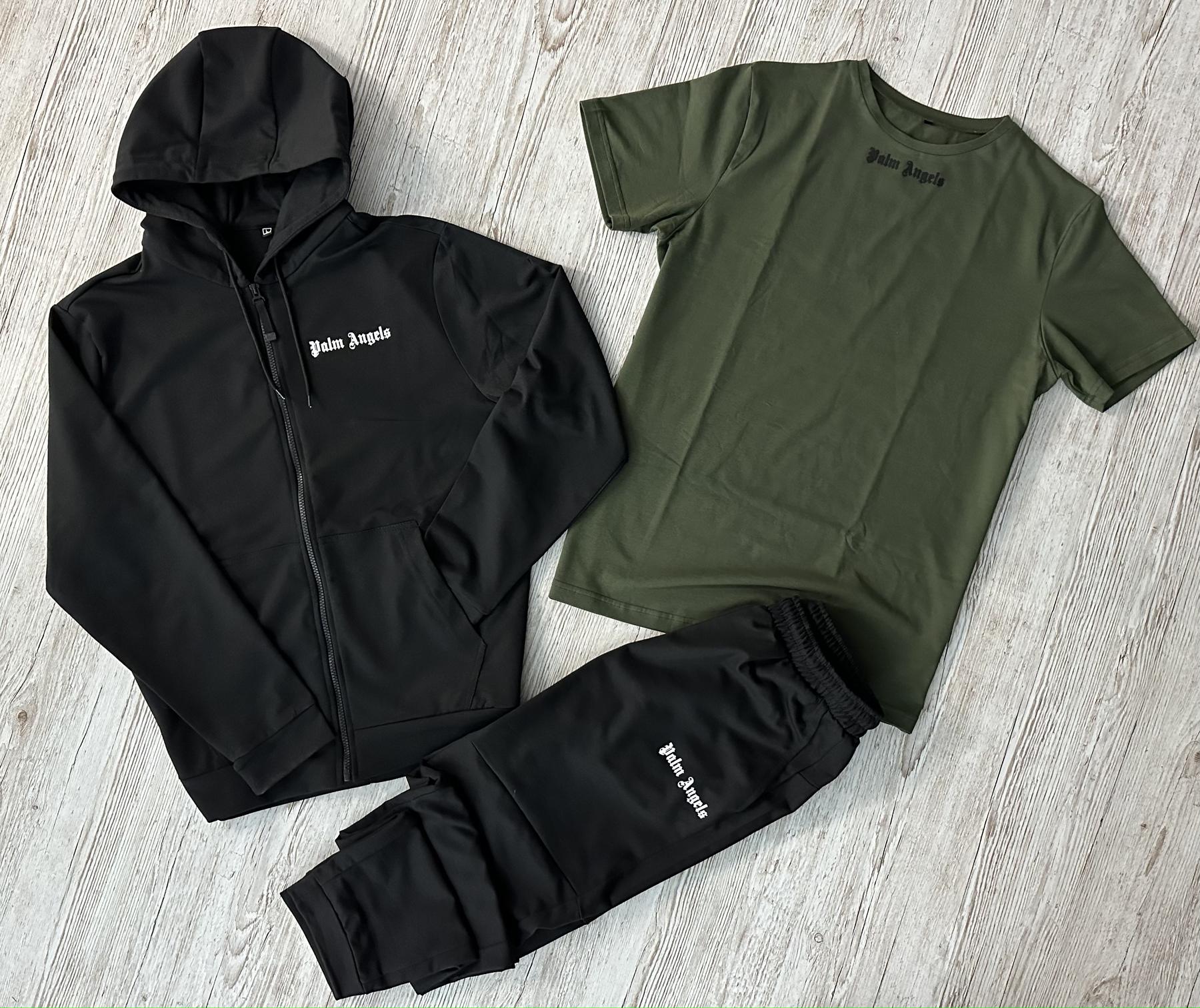 Демисезонный спортивный костюм Palm Angels черная кофта на молнии + штаны (двонитка) + Футболка хаки Palm