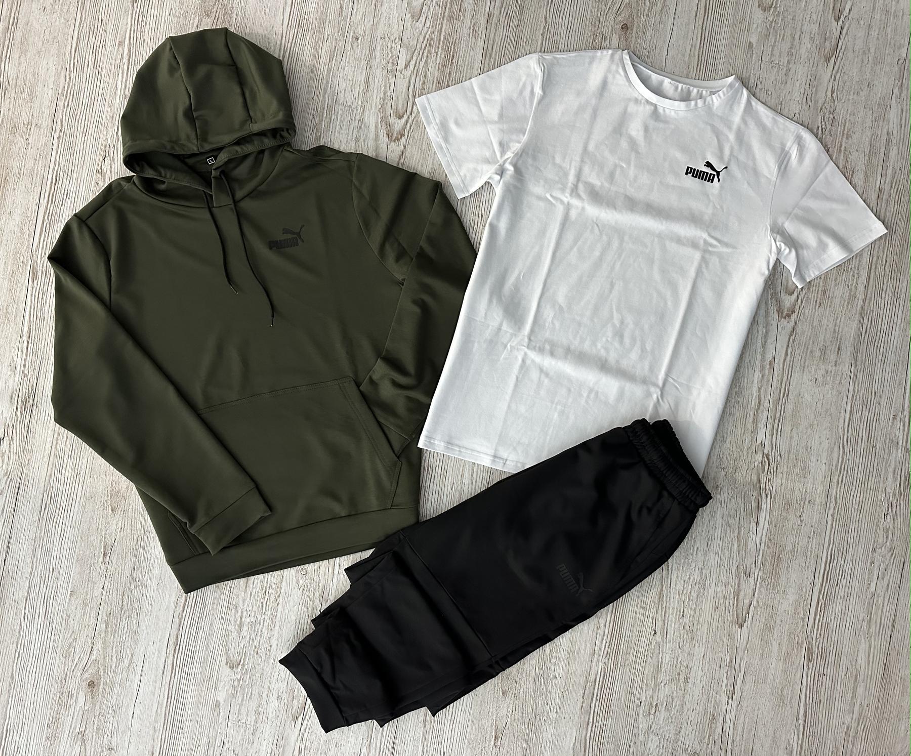 Демисезонный спортивный костюм Puma худи хаки + штаны (двонитка) + Футболка белая Puma + Жилетка + Носки 2