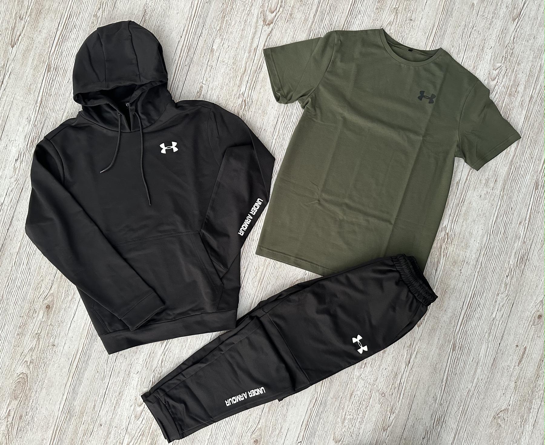 Демісезонний спортивний костюм Under Armour чорний худі + штани (двонитка) + Футболка хакі Under Armour + Жилетка + Шкарпетки