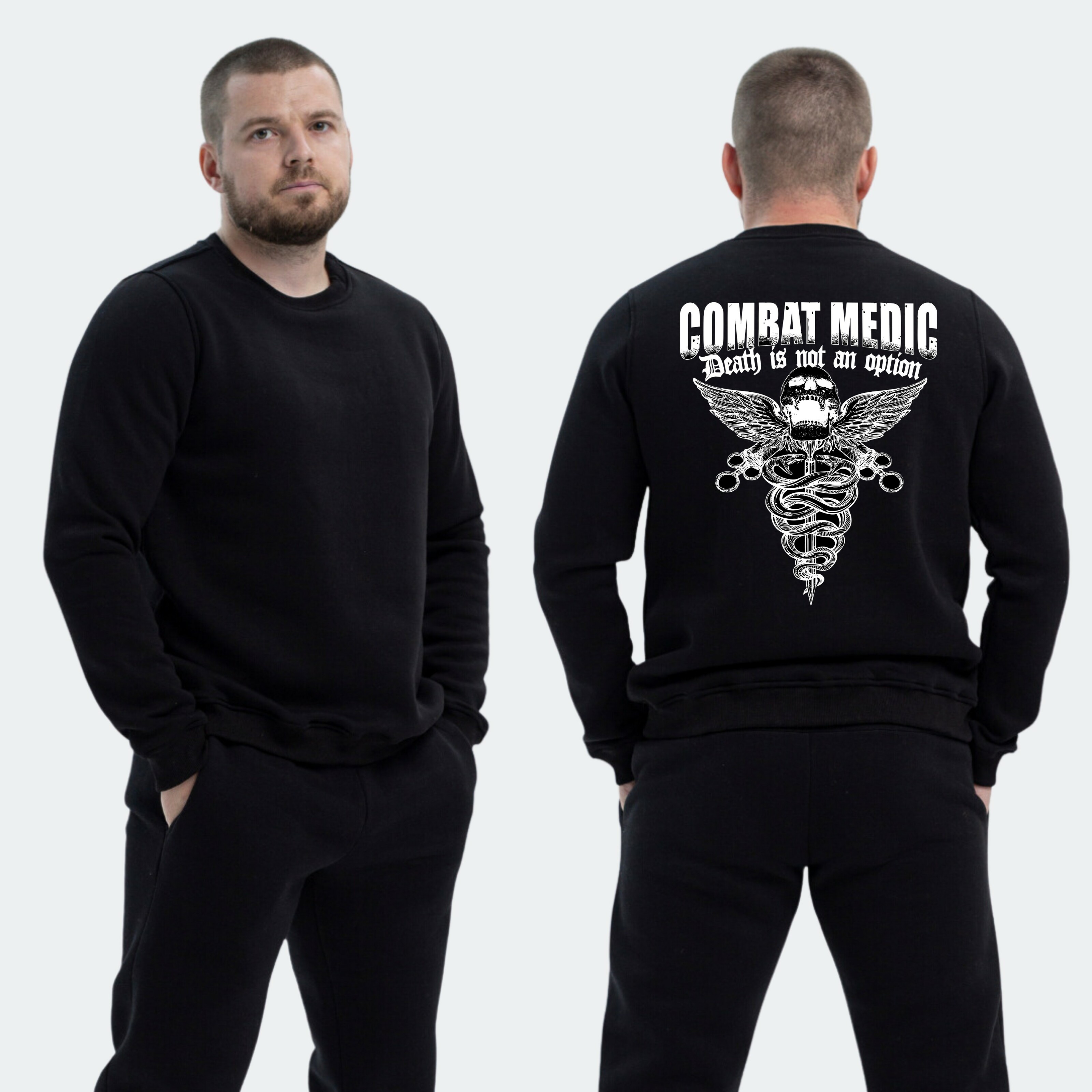 Чоловічий світшот на флісі з принтом Combat medic череп герб медицини, Чорний