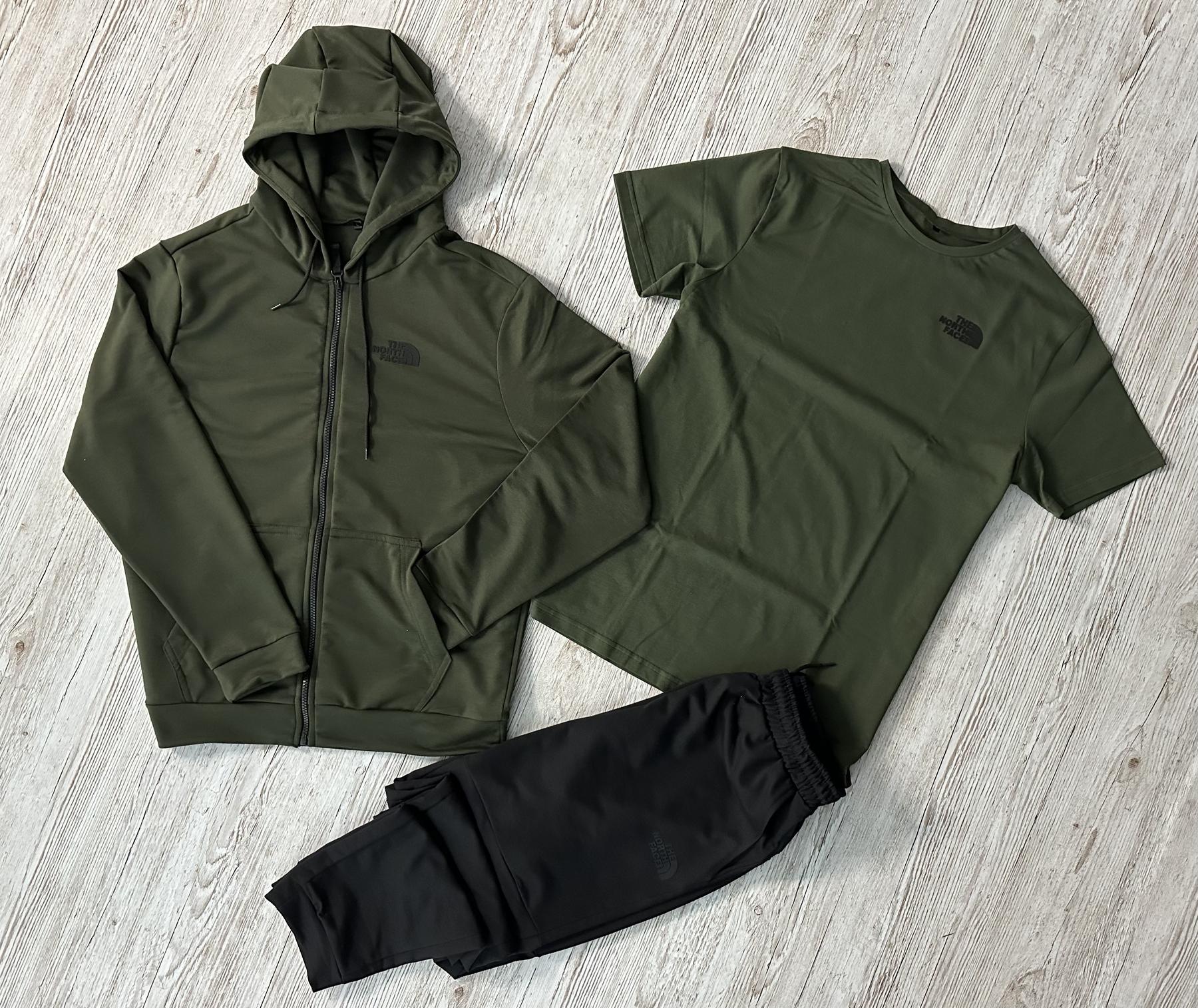 Демисезонный спортивный костюм The North Face кофта на молнии хаки + штаны (двонитка) + Футболка хаки The