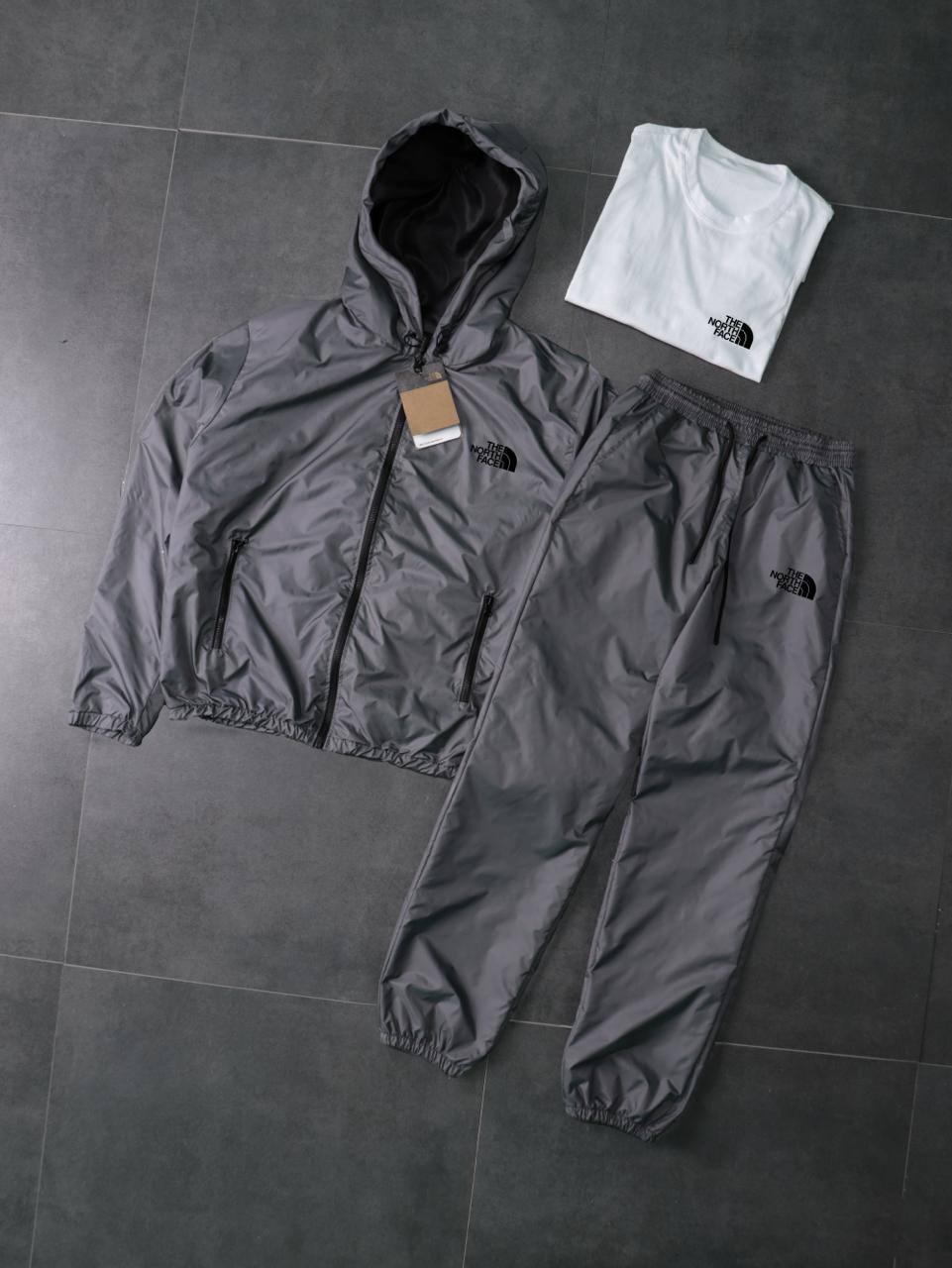 Костюм графіт з плащівки Вітровка+Штани +Футболка біла The North Face-мал демісезонний стильний комплект