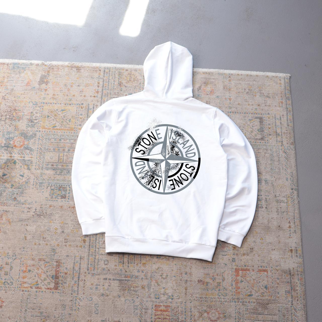 Худи Stone Island-лого KOLO осень мужское белое двунитка актуальное и базовое с капюшоном на прогулку