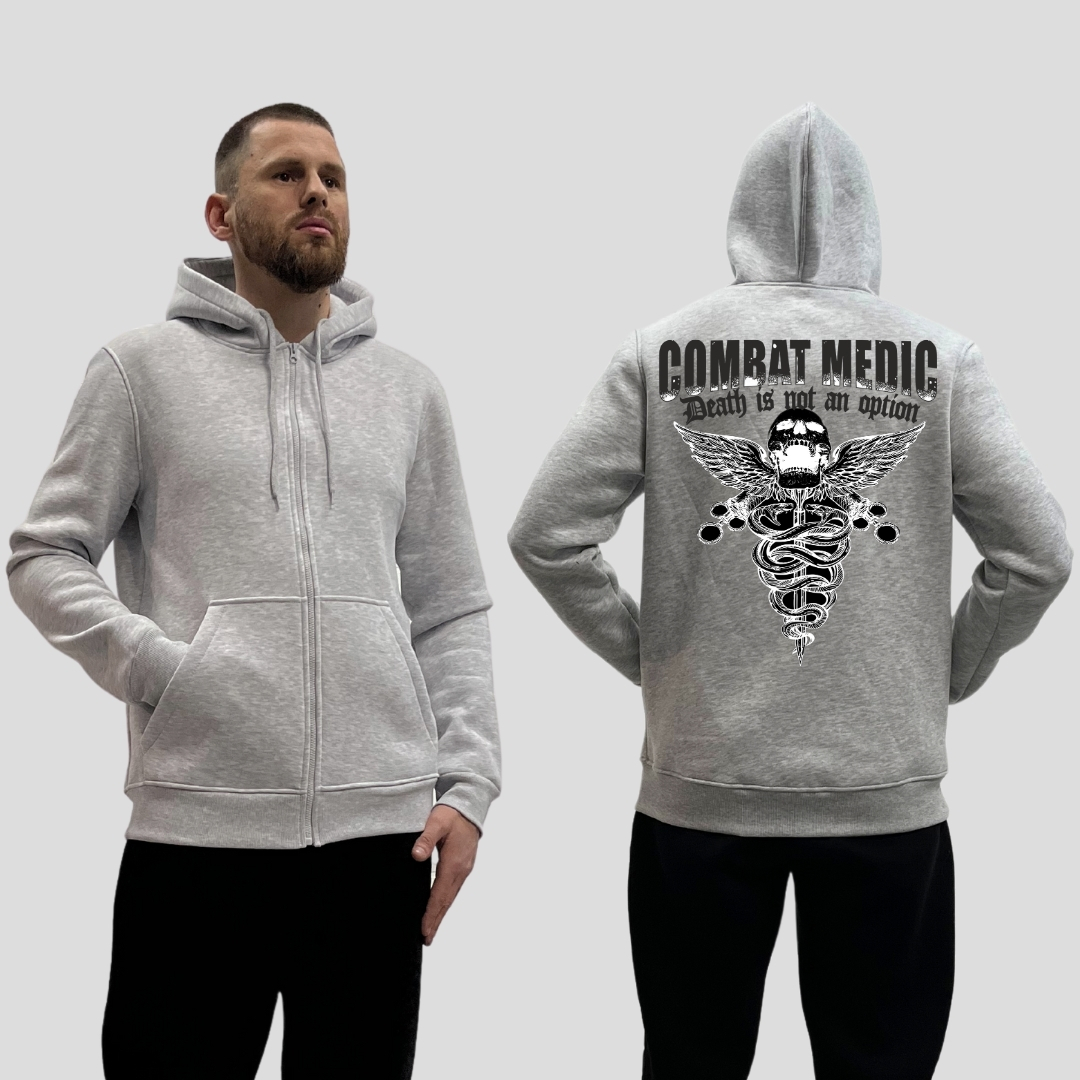 Чоловічий зіп-худі на флісі з принтом Combat medic череп герб медицини, Сірий