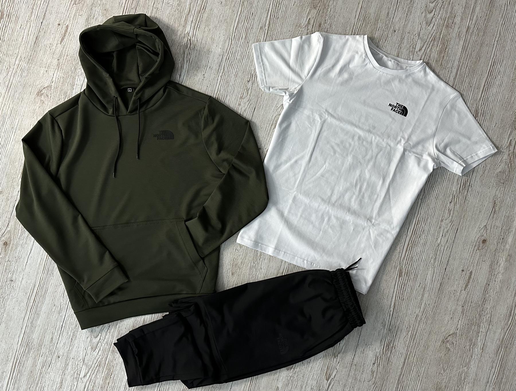 Демісезонний спортивний костюм The North Face худі хакі + штани (двонитка) + Футболка біла The North Face + Жилетка +