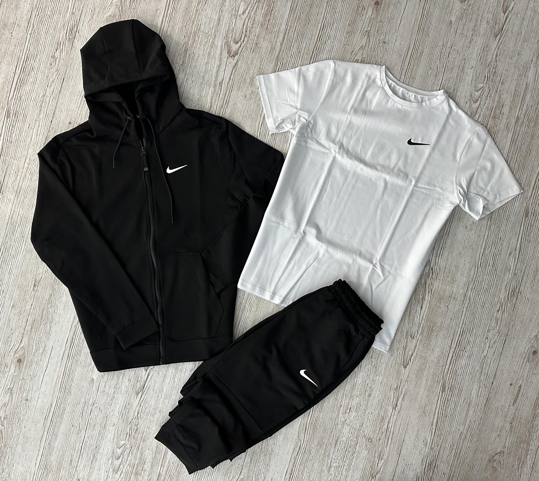Демисезонный спортивный костюм Nike черная кофта на молнии + штаны (двонитка) + Футболка белая Nike + Жилетка