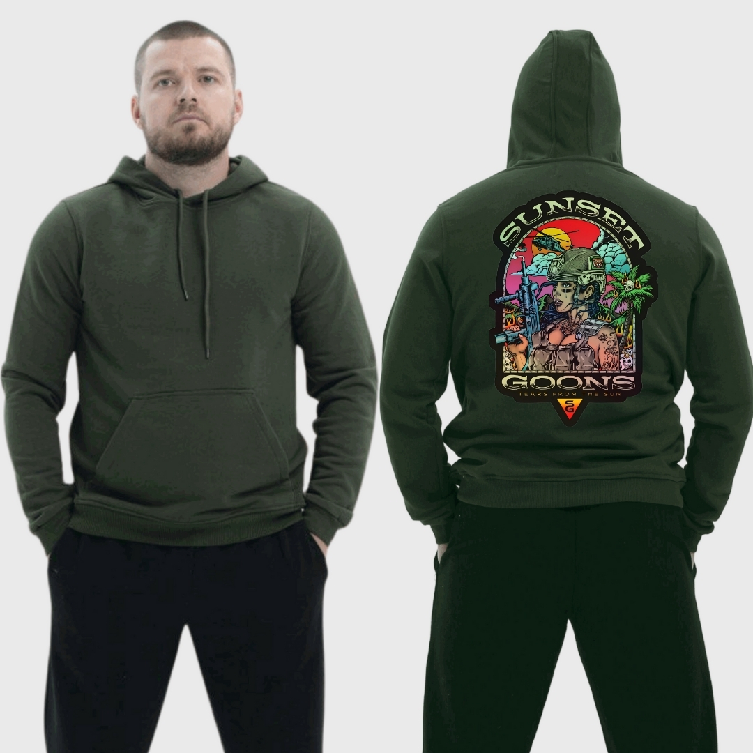 Чоловічий легкий худі з принтом Sunset Goons дівчина палають пальми гелікоптер, Хакі