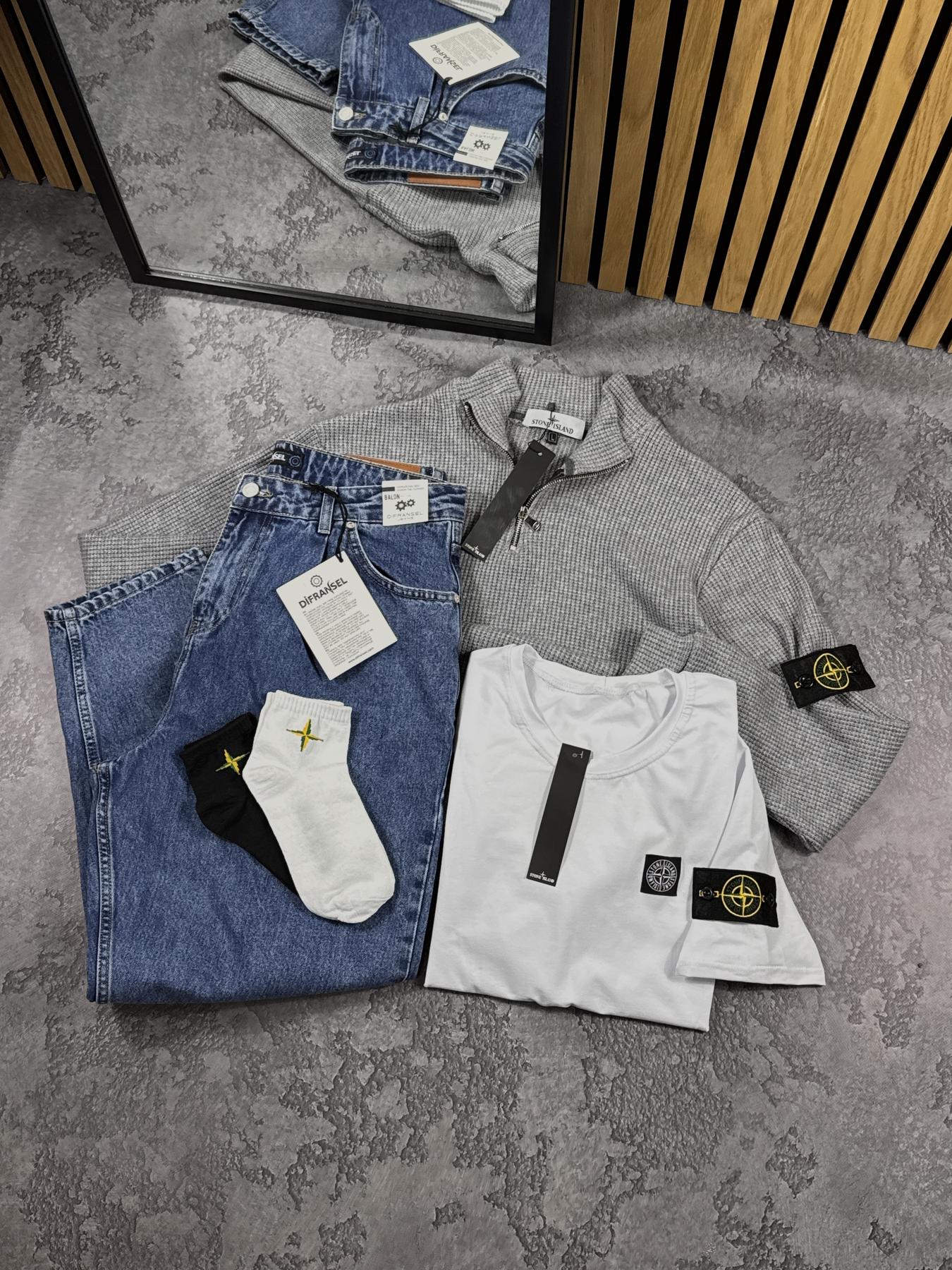 Комплект Анорак вязаный Stone Island + Джинсы Jogger + Футболка серый демисезонный трендовый и базовый костюм