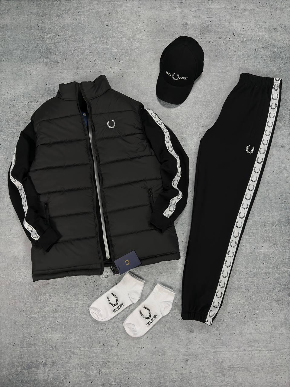 Набор Fred Perry жилет кофта штаны кепка унисекс хлопковый черный всесезонный актуальный с вышивкой комплект