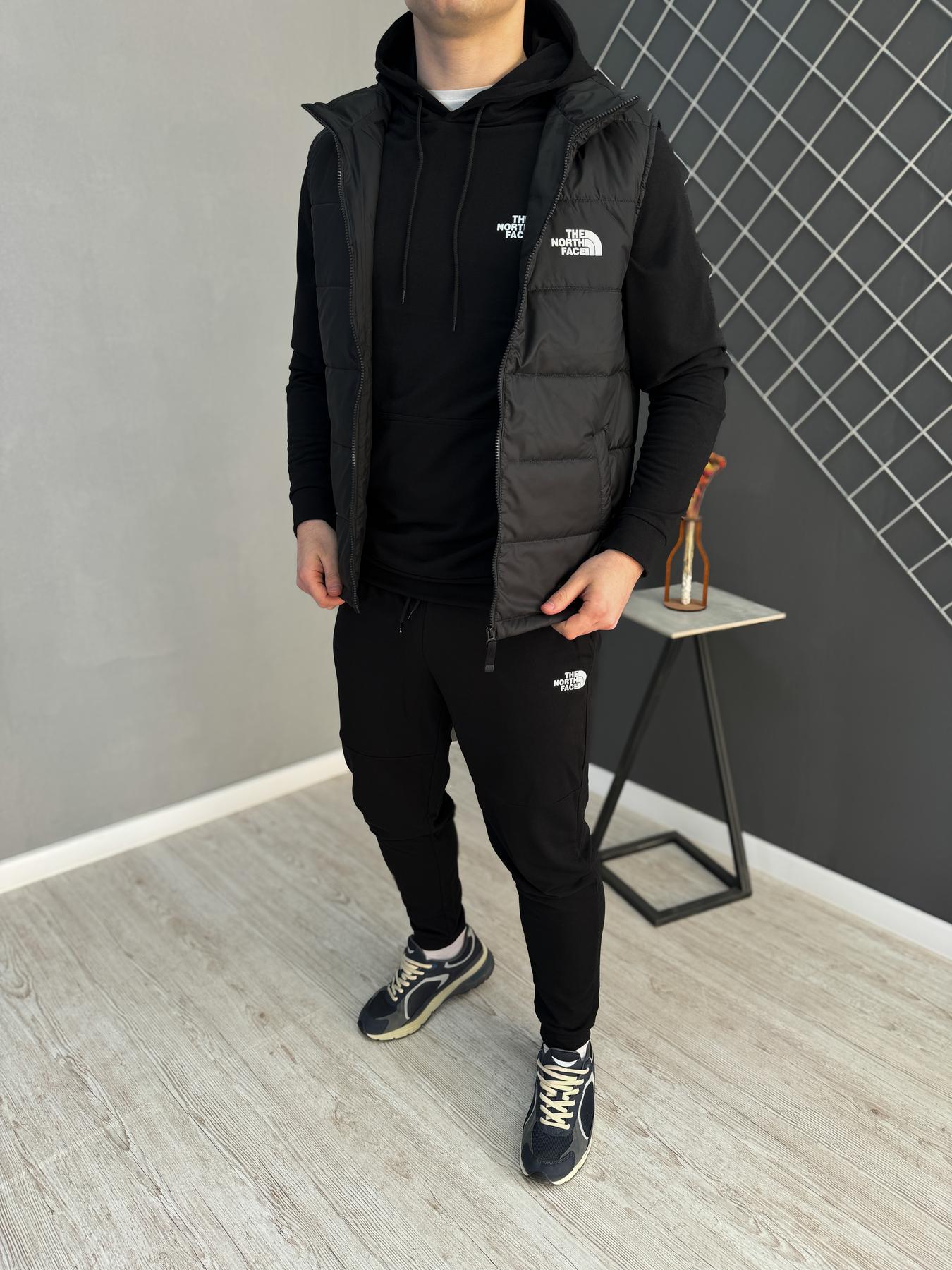 Демісезонний костюм худі/штани + жилетка The North Face чоловічий чорний плащівка базовий з капюшоном комплект