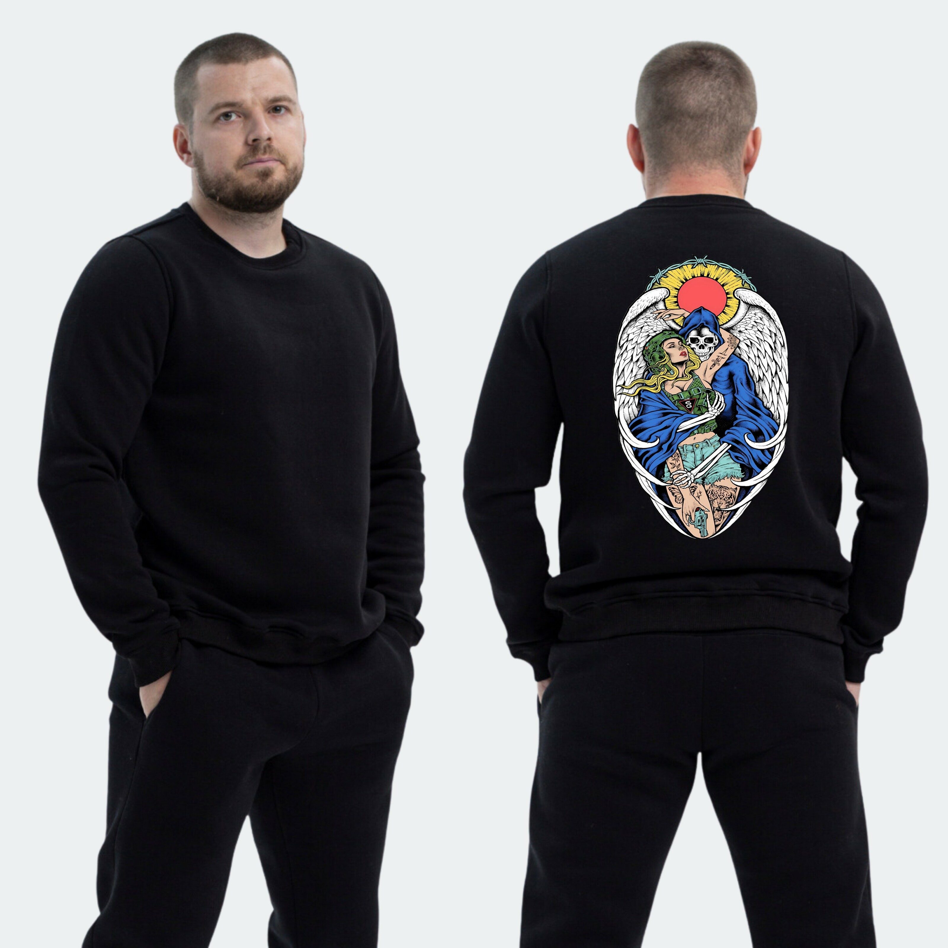 Чоловічий світшот на флісі з принтом Sunset Goons дівчина та скелет янгол, Чорний