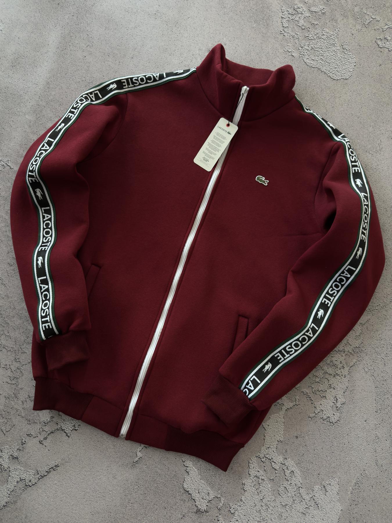 Зима кофта Lacoste бордо унисекс хлопковая повседневная и молодежная на молнии для города реглан джемпер