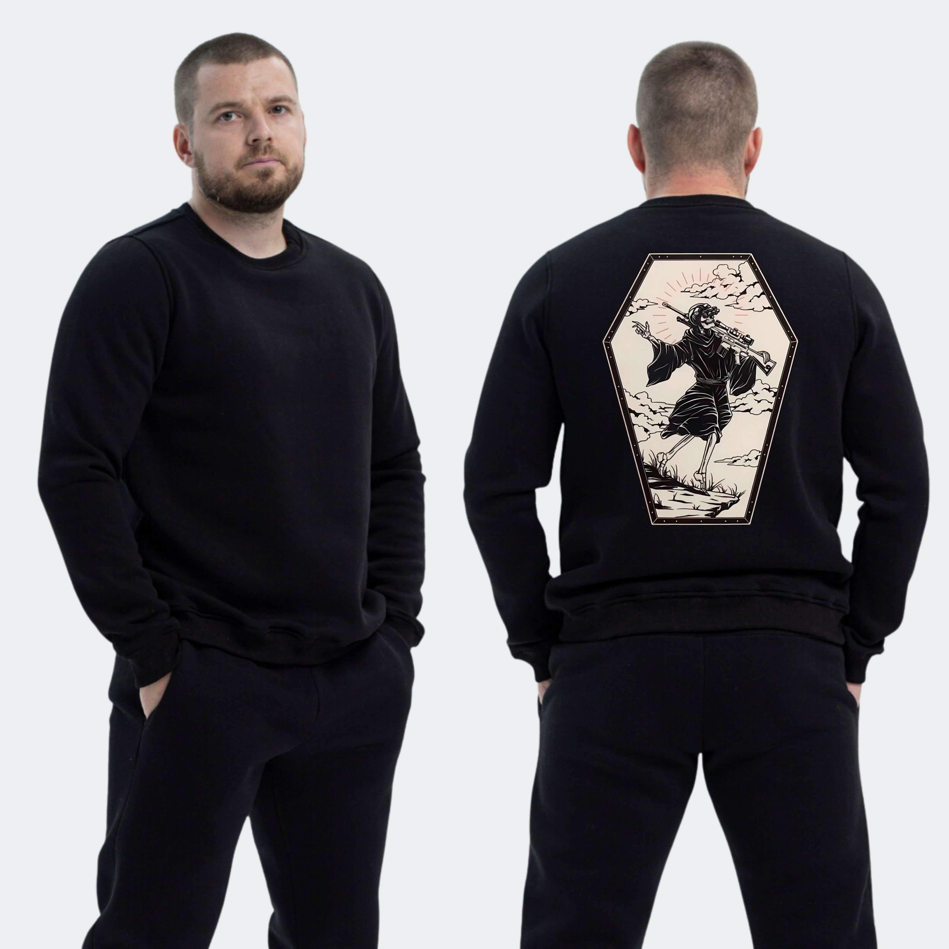 Чоловічий світшот на флісі з принтом Sunset Goons скелет смерть на краю прірви, Чорний