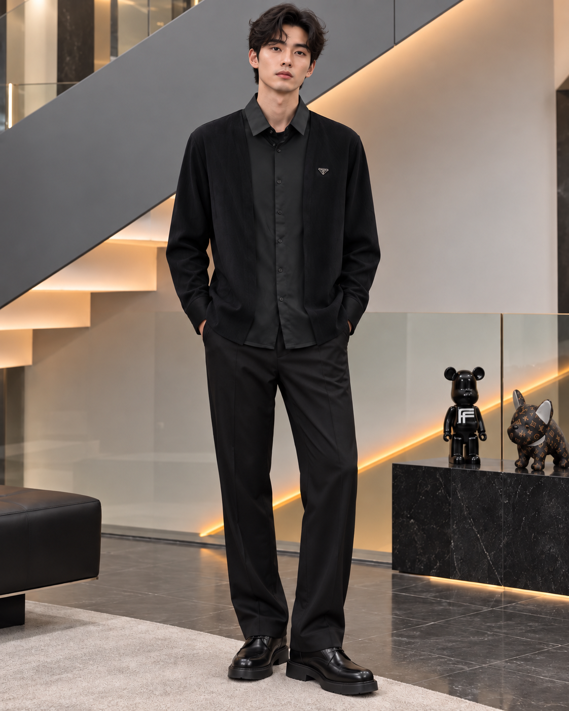 Рубашка обманка Prada мужская хлопковая черная базовая и классическая на деловую встречу