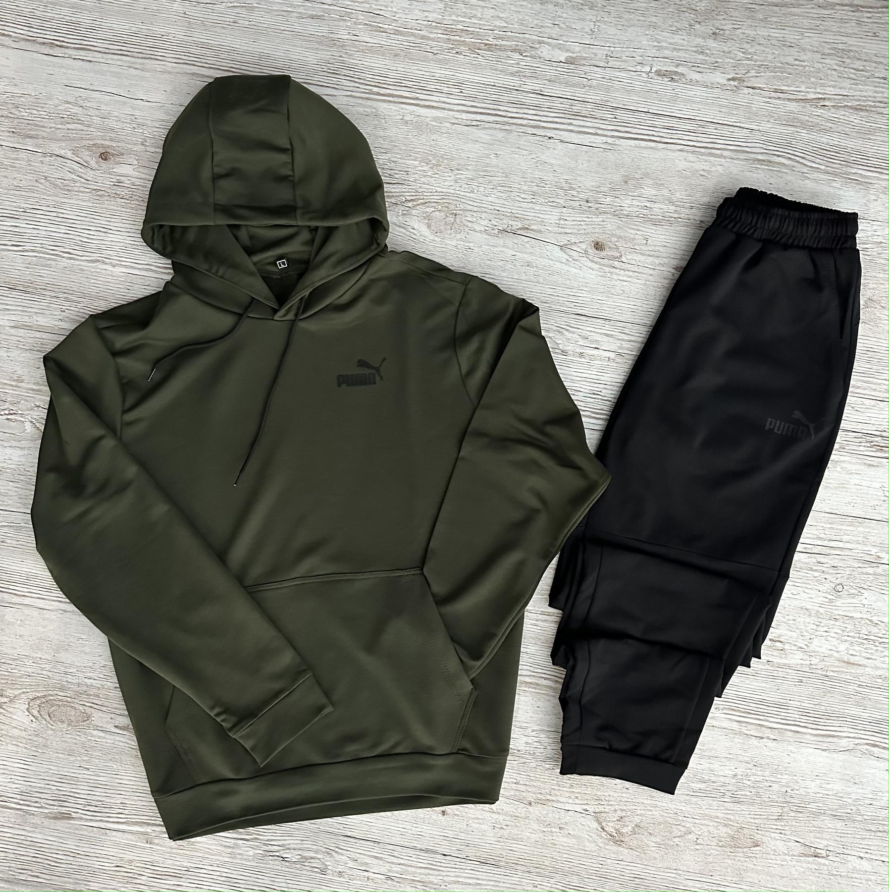 Демисезонный спортивный костюм Puma худи хаки + штаны (двонитка) + Футболка хаки Puma мужской двунитка модный